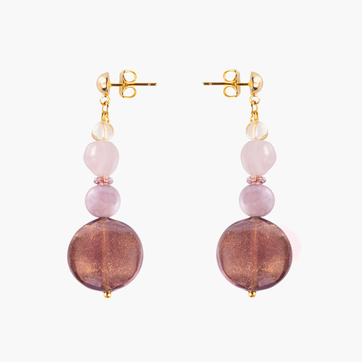 MurrinaMurano.us Frame drop earrings in soft pink Murano Glass, combining delicate pink and rose-toned beads with large luminous glass drops and polished gold-finished details. Handcrafted in Italy.