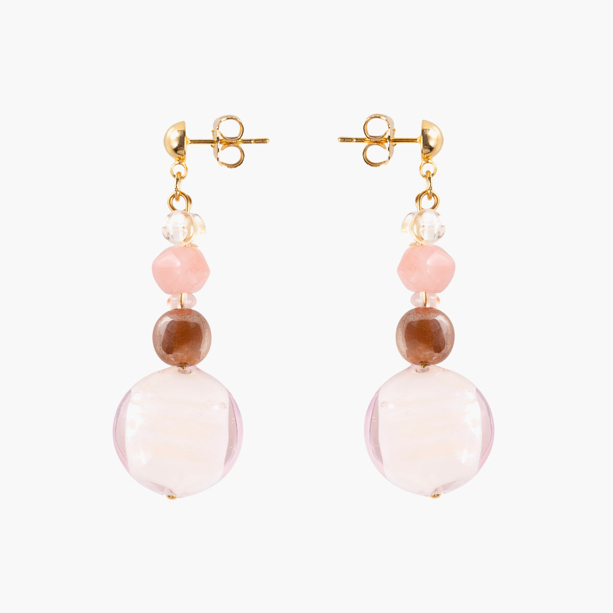 MurrinaMurano.us Frame Murano glass drop earrings in warm brown and amber tones, with graduated glass beads leading to faceted oversized brown glass centers. Handcrafted in Italy.