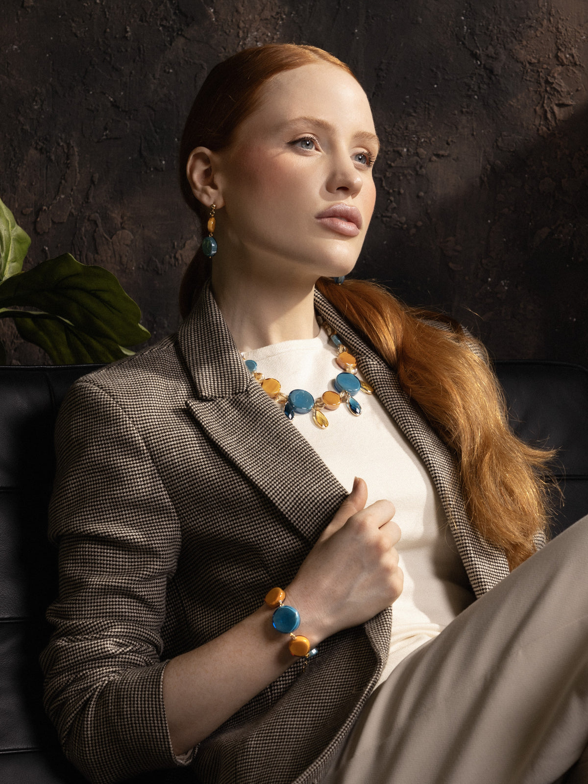 MurrinaMurano.us Edge Choker Necklace featuring blue and orange Murano glass elements and faceted crystal drops, handcrafted in Italy.