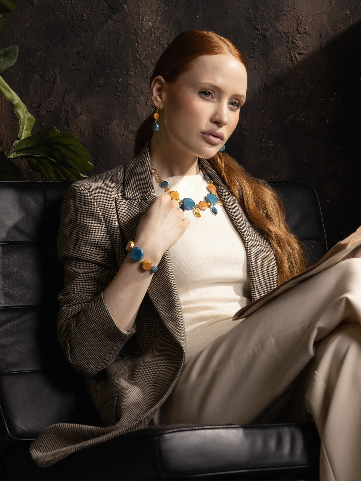MurrinaMurano.us Edge Bracelet featuring topaz-colored Murano glass elements and 18KT gold finish over brass, worn on the wrist.