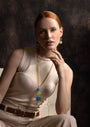 MurrinaMurano.us Murano Glass pendant necklace with gold details, featuring blue and green glass elements and a faceted green pendant. Handcrafted in Italy.