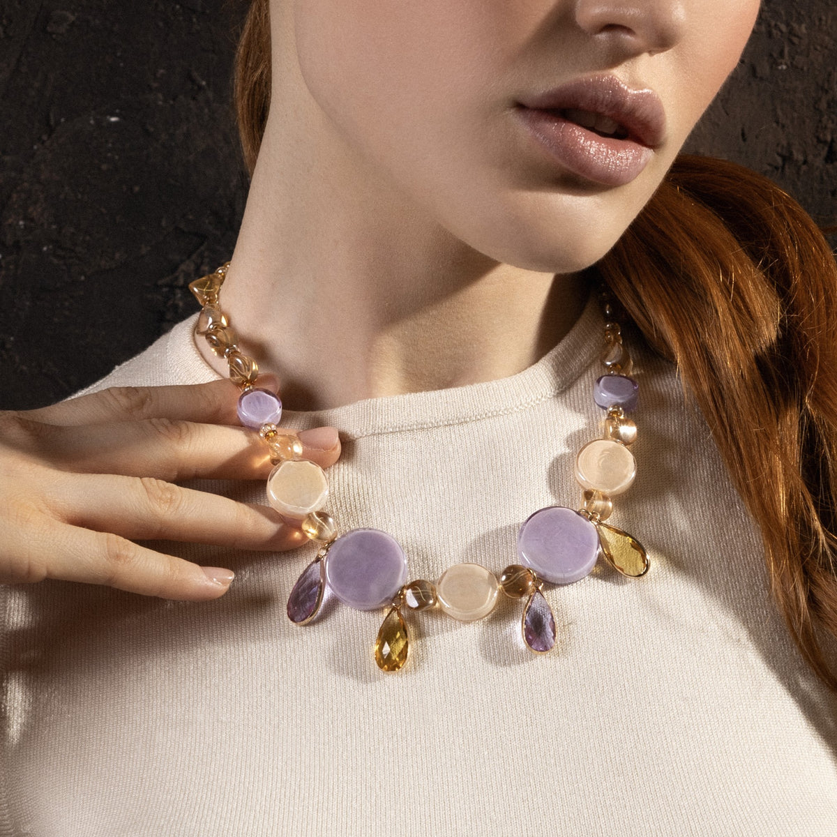 Edge Choker Necklace with lilac and cream Murano glass elements and yellow faceted crystal drops, 18KT gold finish over brass, handcrafted in Italy.