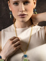MurrinaMurano.us Edge Murano glass drop earrings with blue and green glass elements, worn with a matching necklace, 18KT Gold Finish over brass, handcrafted in Italy.
