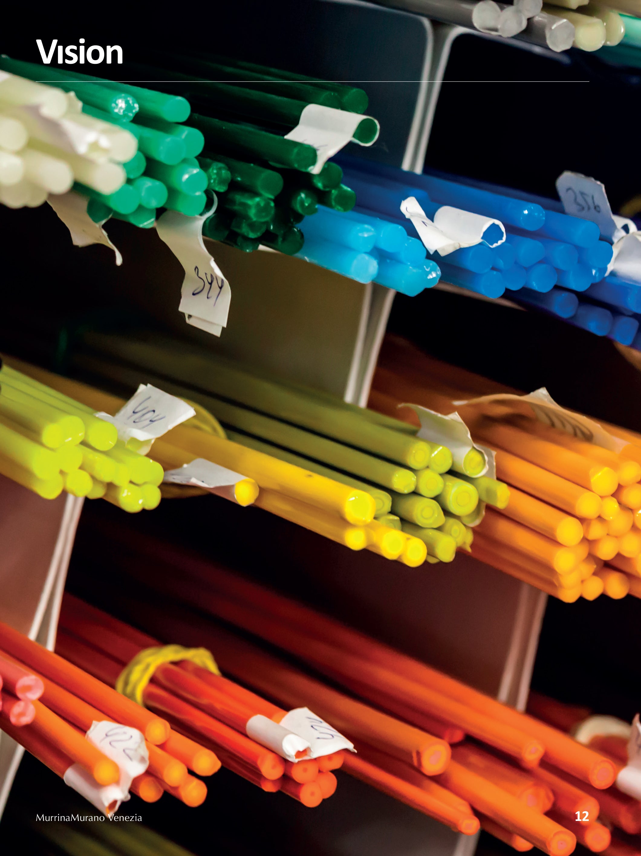 Colorful glass rods on a shelf 