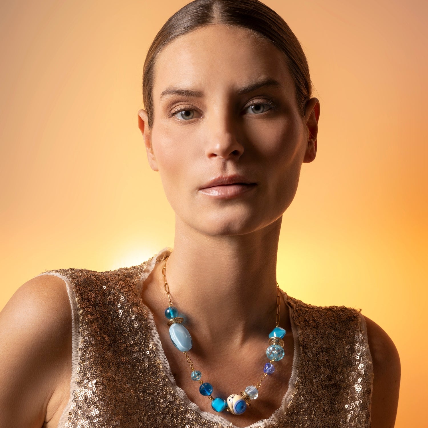 Model wearing Murano glass jewelry