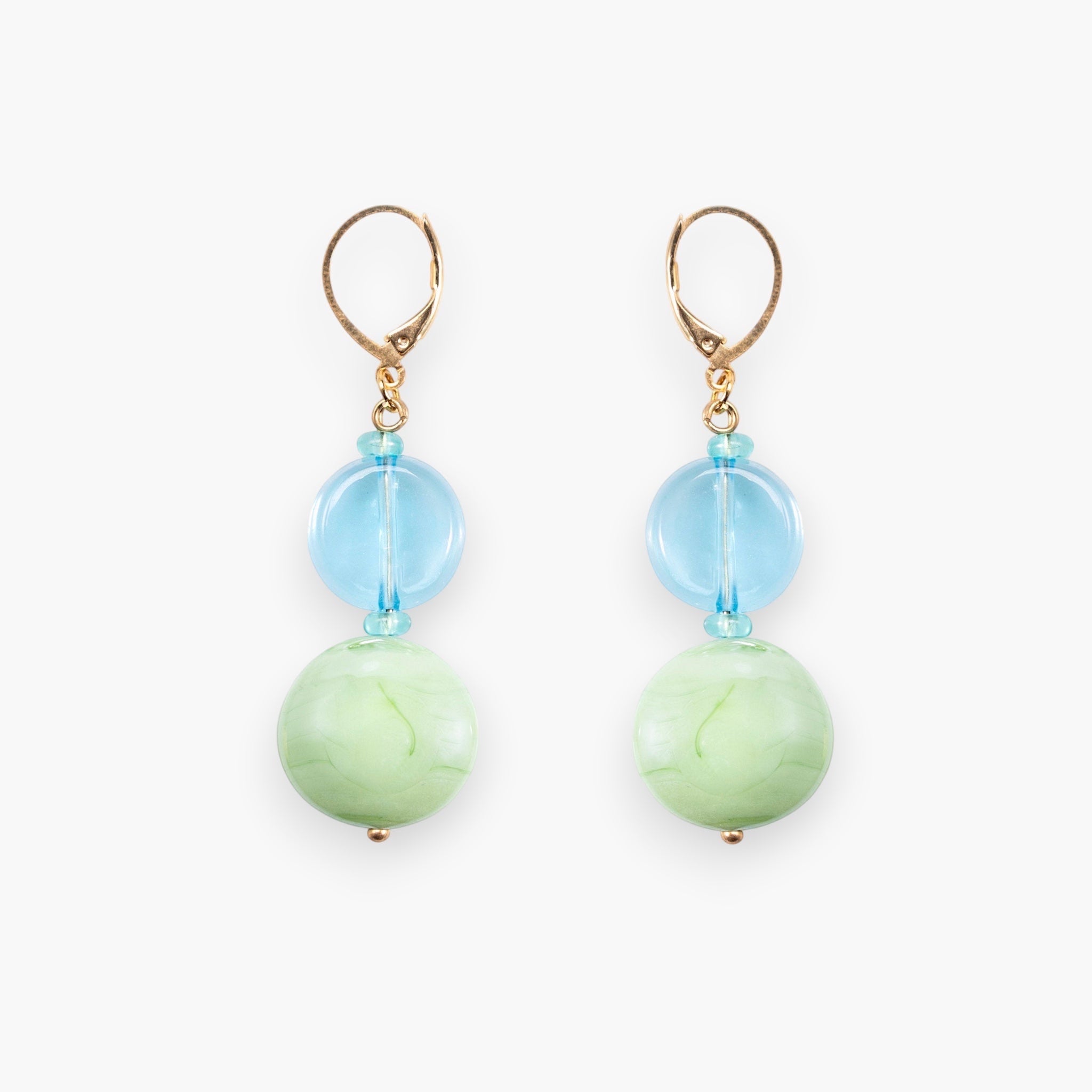 MurrinaMurano.us blue and light green Murano glass drop earrings with gold leverback closure. 2 inches long.