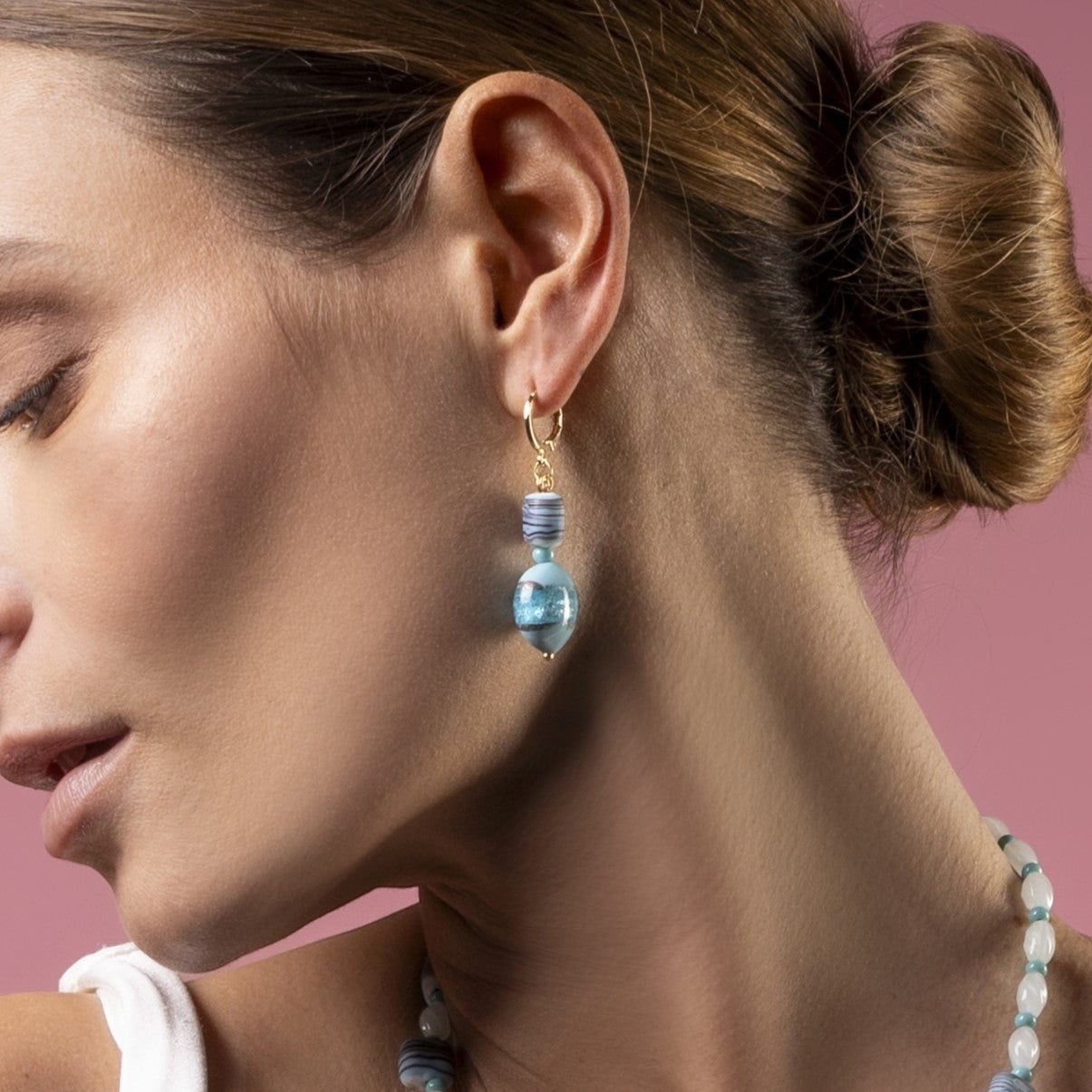 MurrinaMurano.us Blush Collection drop earrings with blue Murano glass beads and 18KT gold finish over brass.