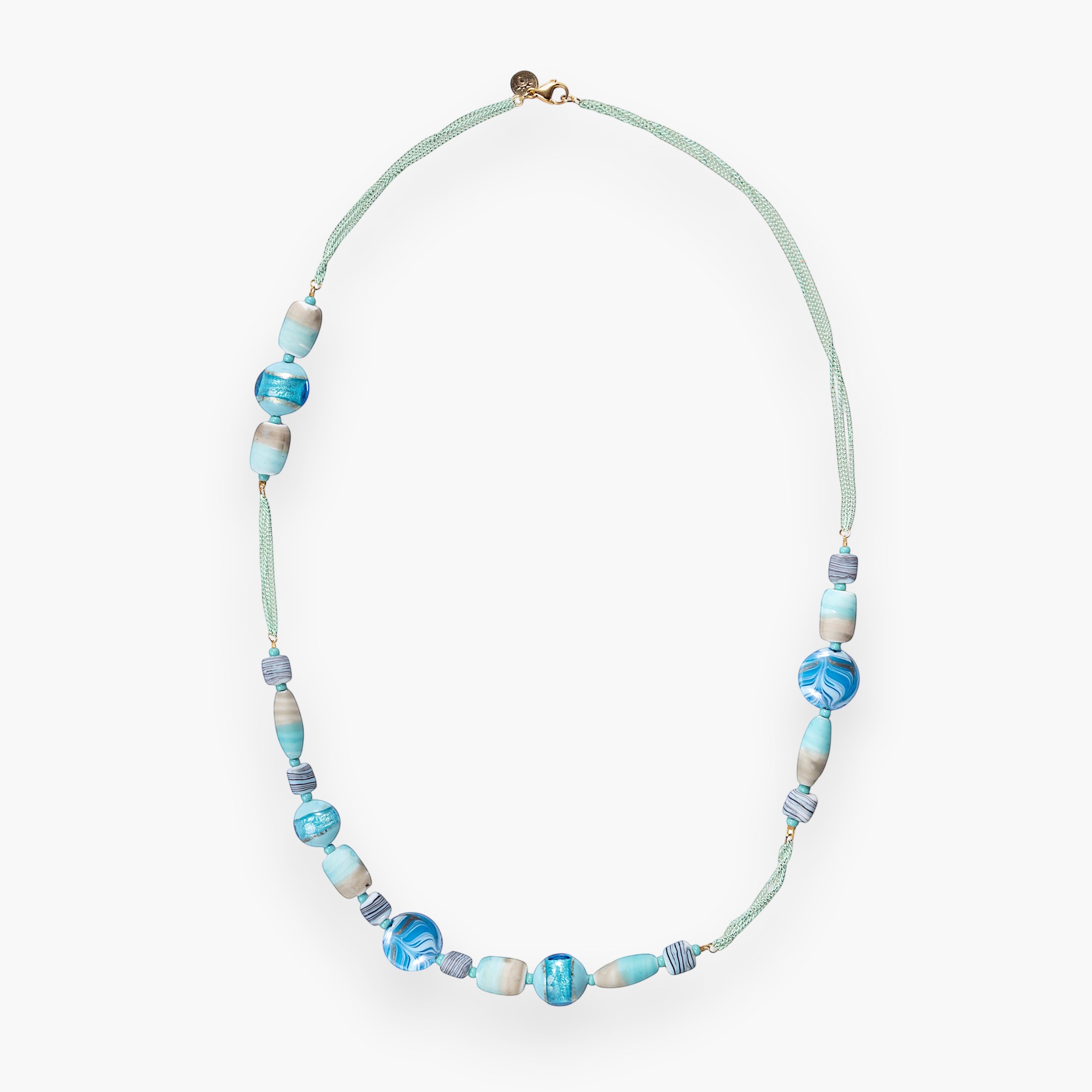 MurrinaMurano.us Blush Collection opera necklace with blue and beige Murano glass beads on a light green cord.