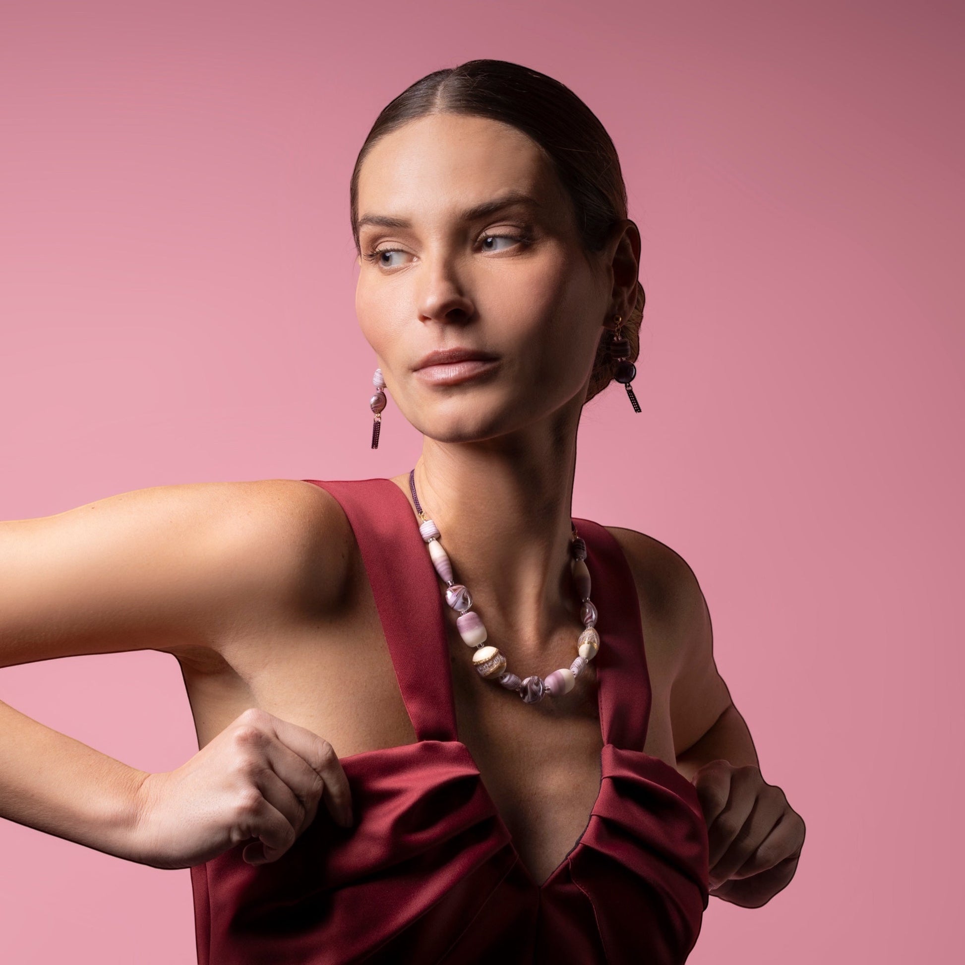 MurrinaMurano.us Blush Collection Murano Glass Collier Necklace with sculptural beads in shades of pink and cream, 18KT gold finish.