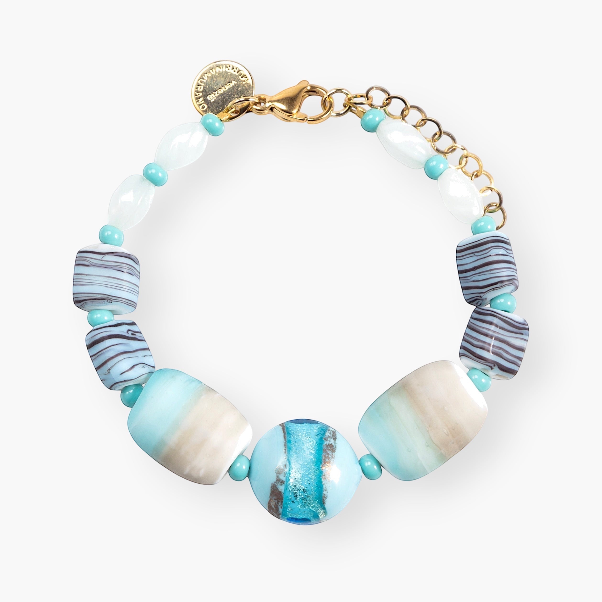 MurrinaMurano.us bracelet with authentic Murano Glass beads in blended pink, ivory, and blue tones with gold detailing. Features a secure lobster clasp and adjustable chain.