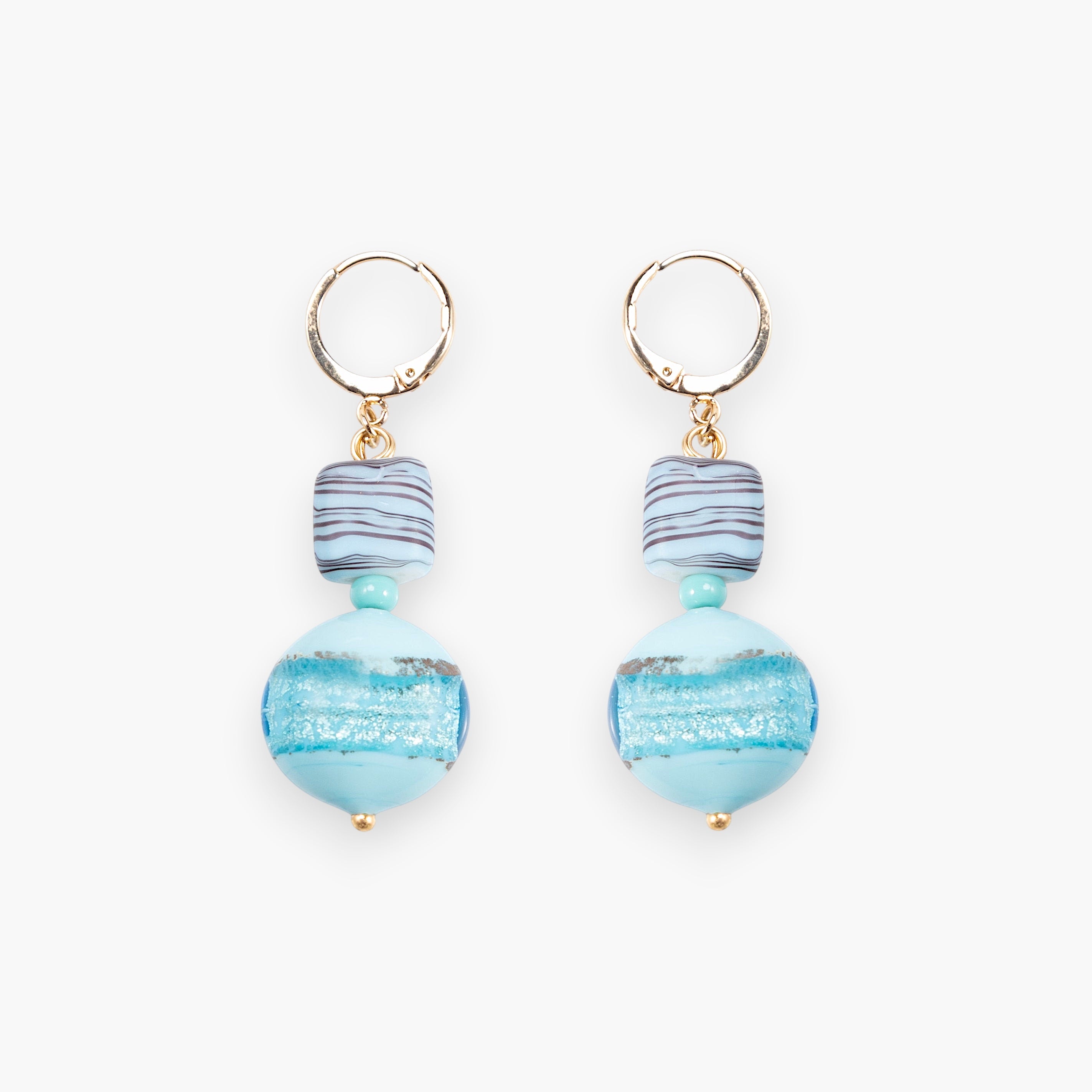 MurrinaMurano.us Blush Collection drop earrings with authentic Murano Glass beads in blue and light blue, 18KT gold finish.