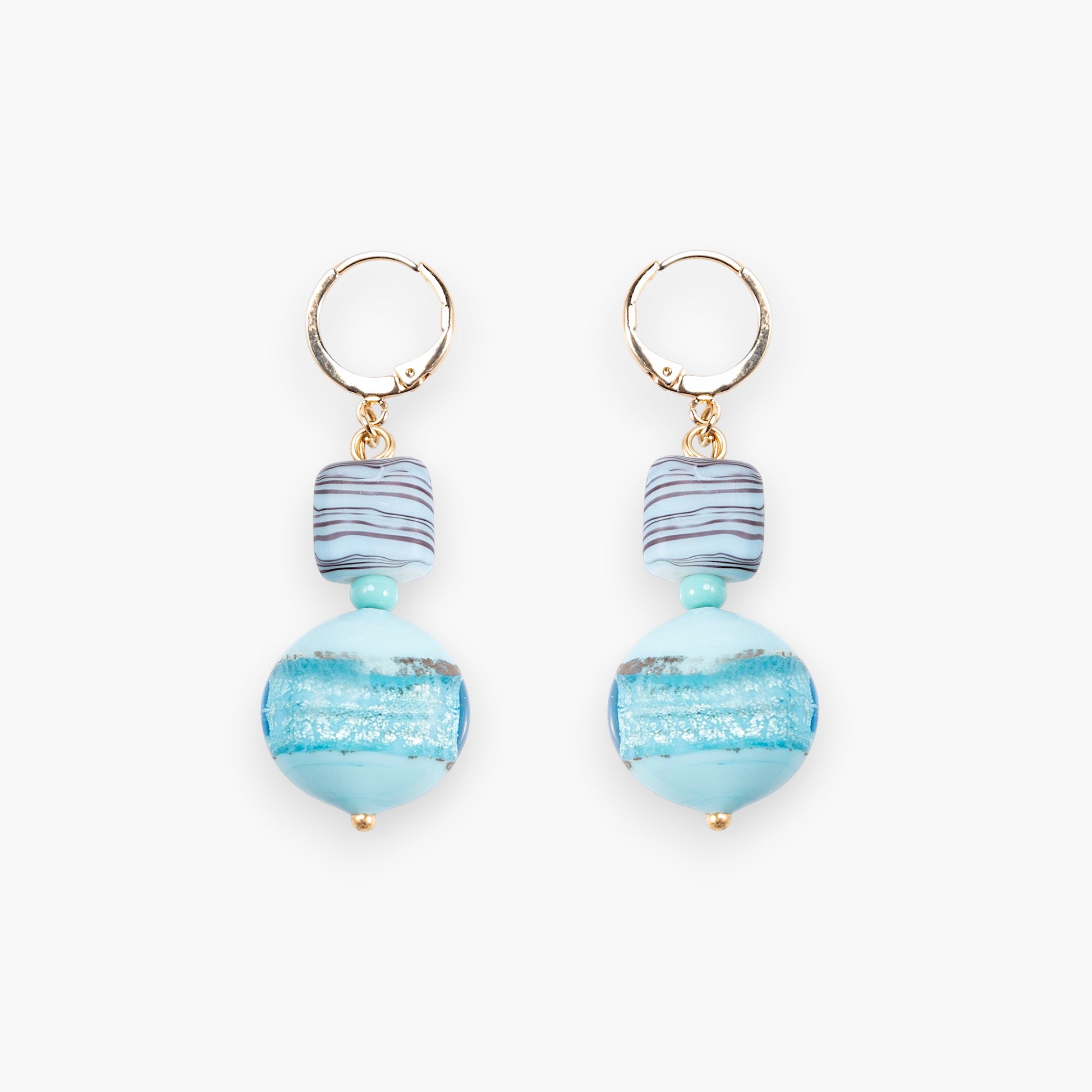 MurrinaMurano.us Blush Collection drop earrings with authentic Murano Glass beads in blue and light blue, 18KT gold finish.