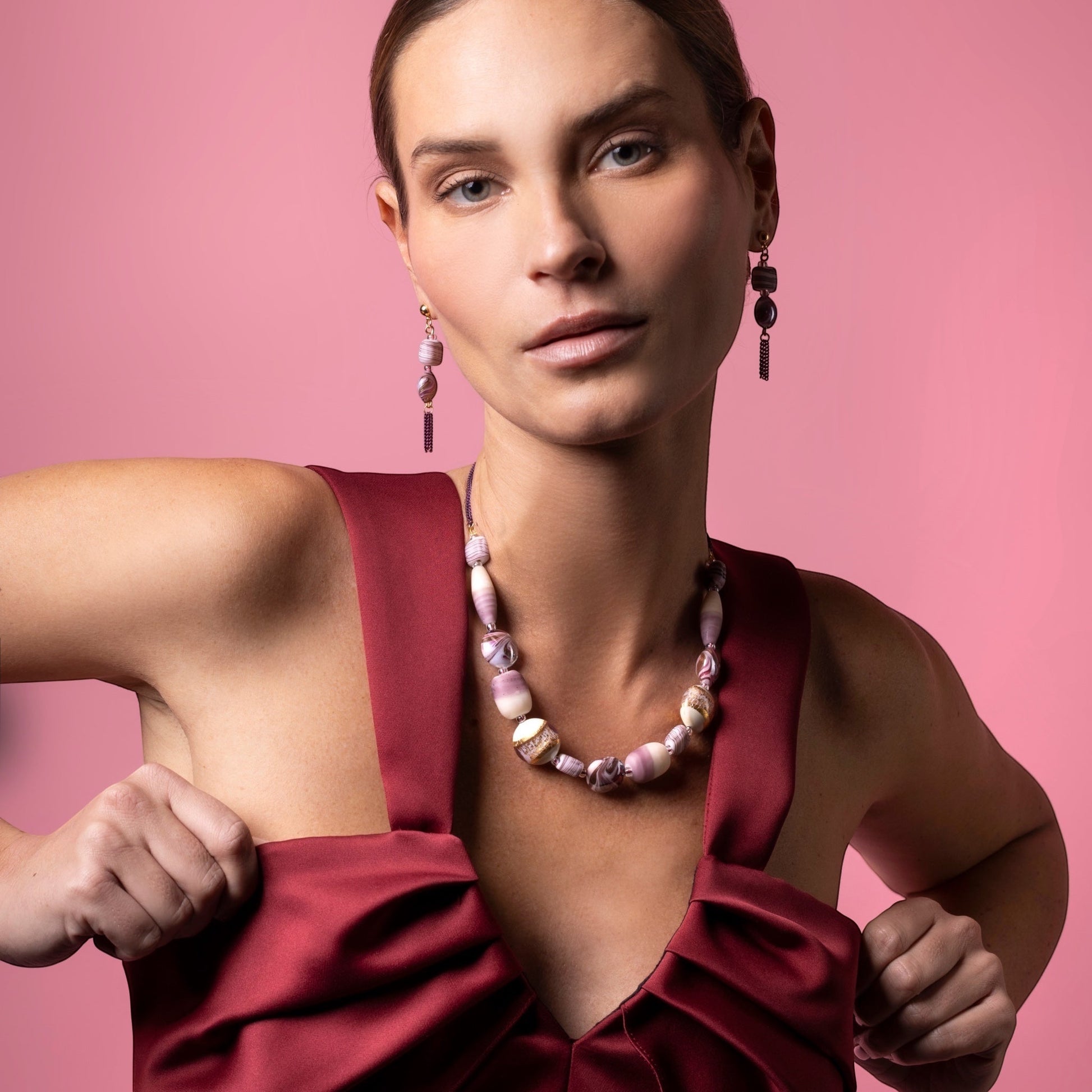 MurrinaMurano.us Blush Collection drop earrings and necklace set featuring pink and cream Murano glass beads with gold chain detail.