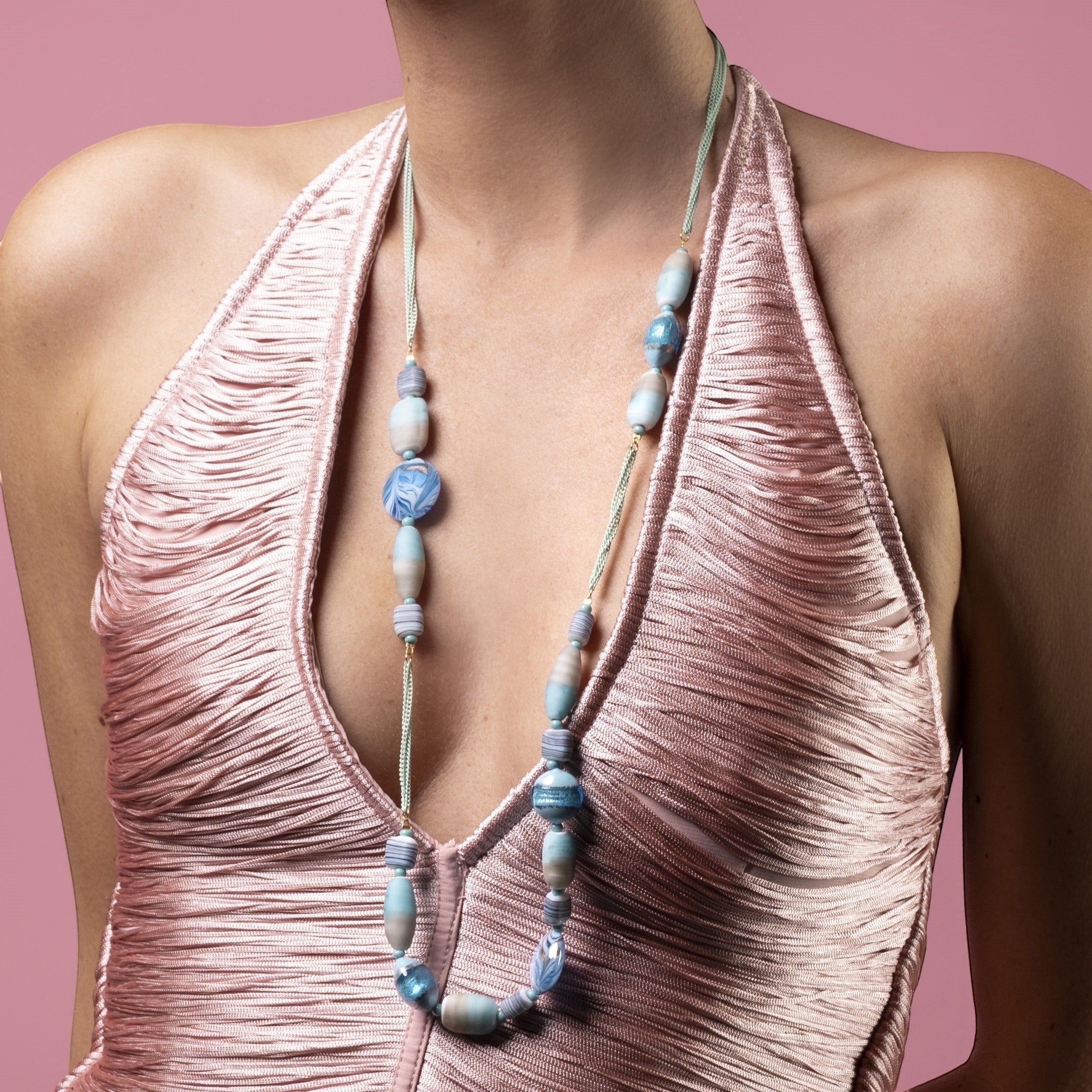 MurrinaMurano.us Blush Collection opera necklace with blue and white Murano glass beads, handcrafted in Italy.