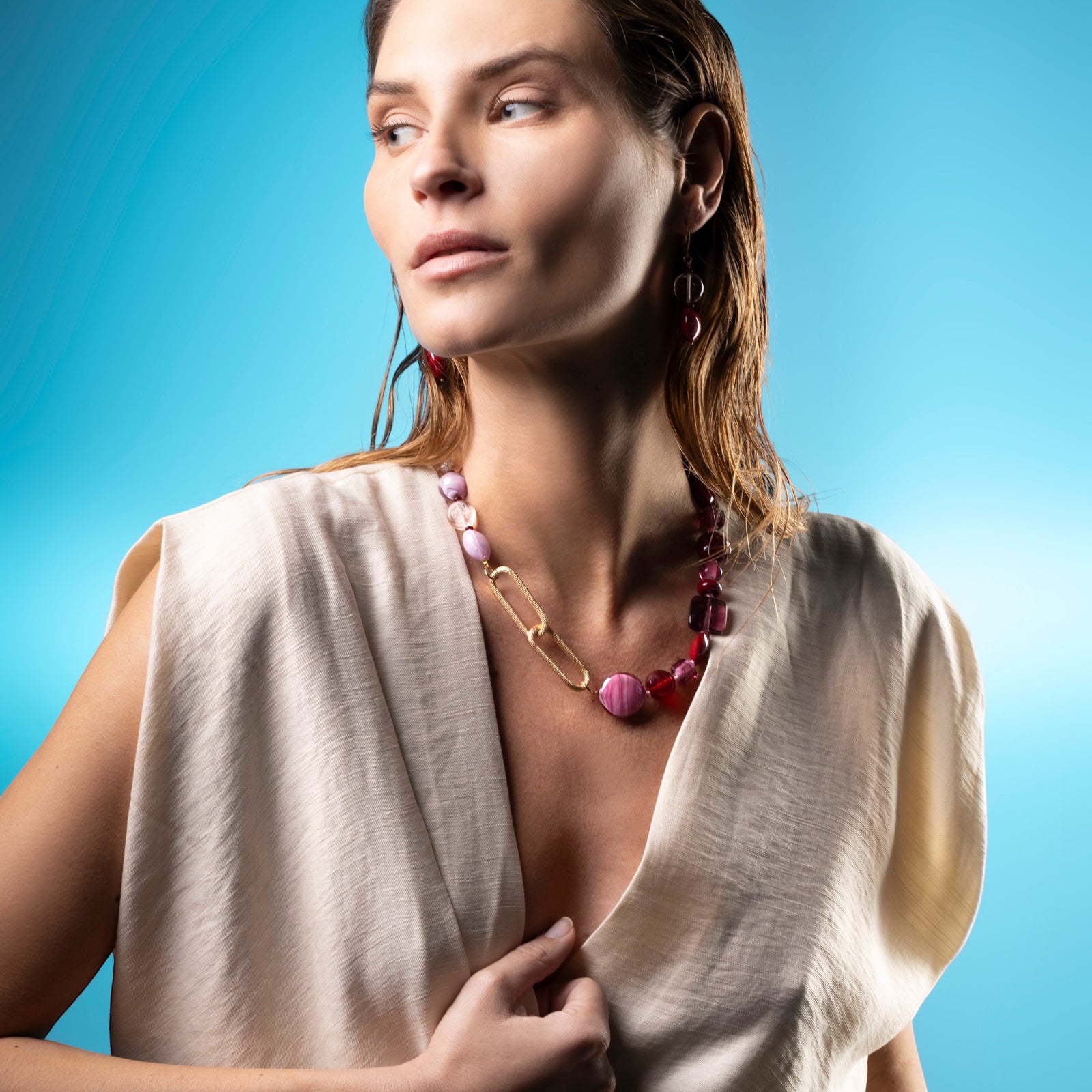Model wearing Murano glass jewelry