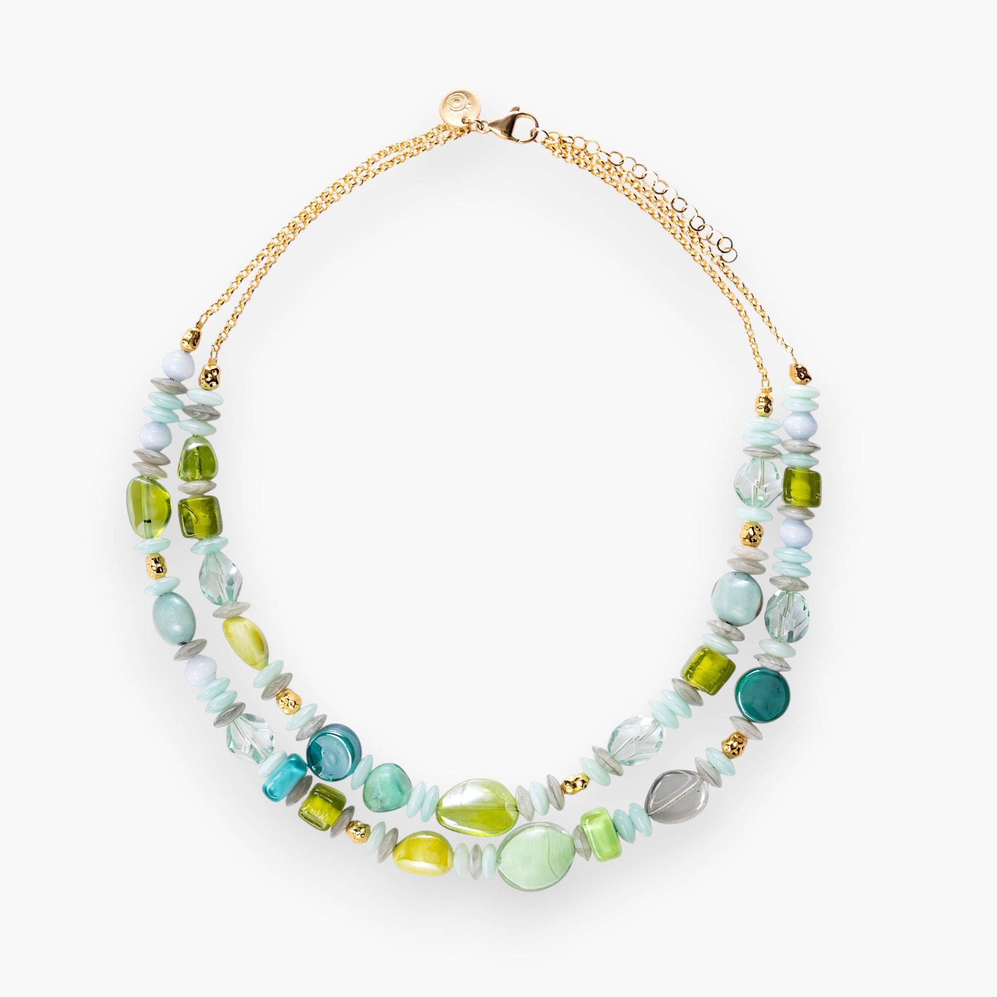 MurrinaMurano.us double strand Murano glass necklace with blue, green, and yellow beads and gold accents.