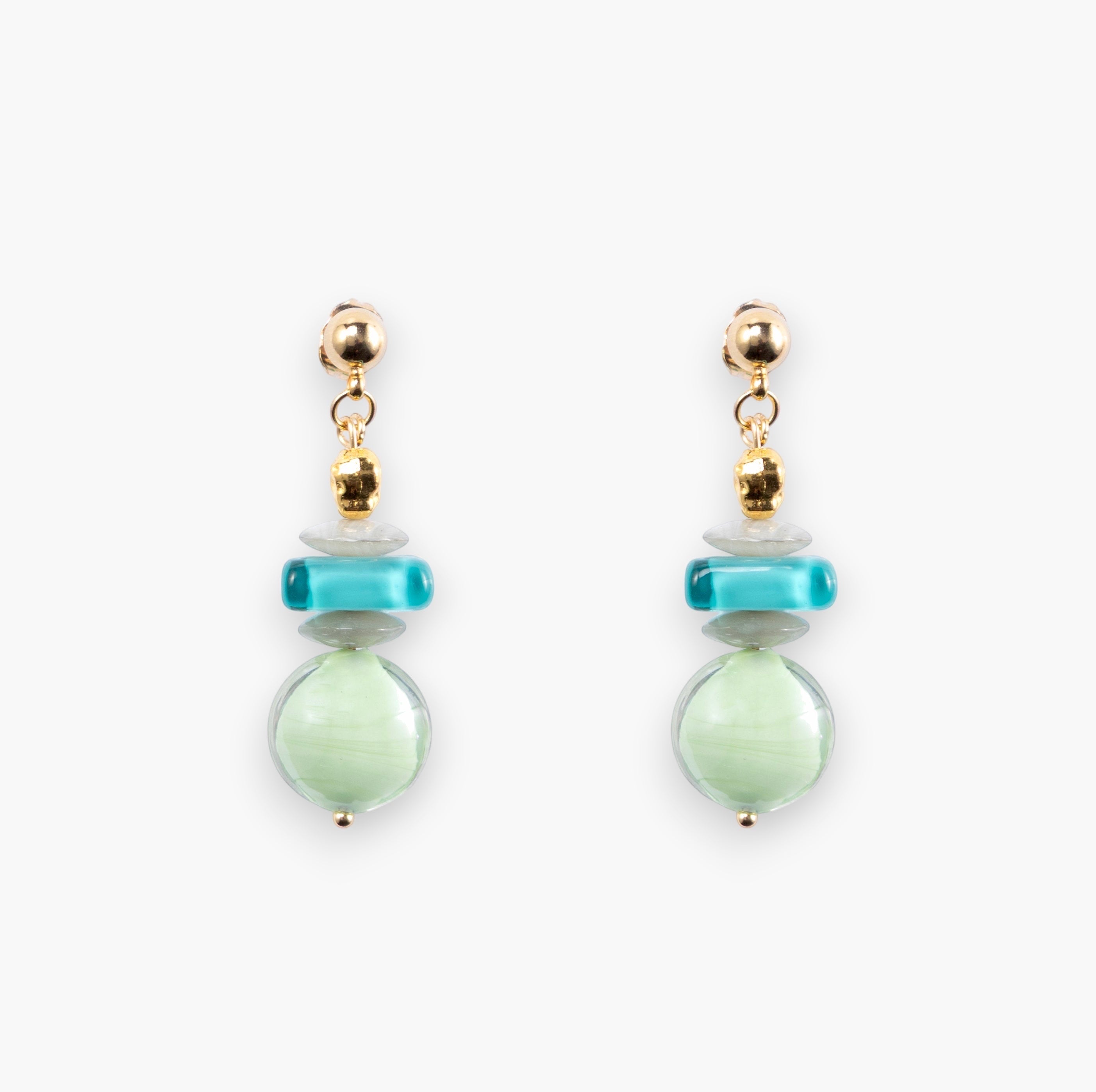 MurrinaMurano.us Evoque Collection drop earrings with stacked light green and turquoise Murano glass beads, 18KT gold finish brass details.