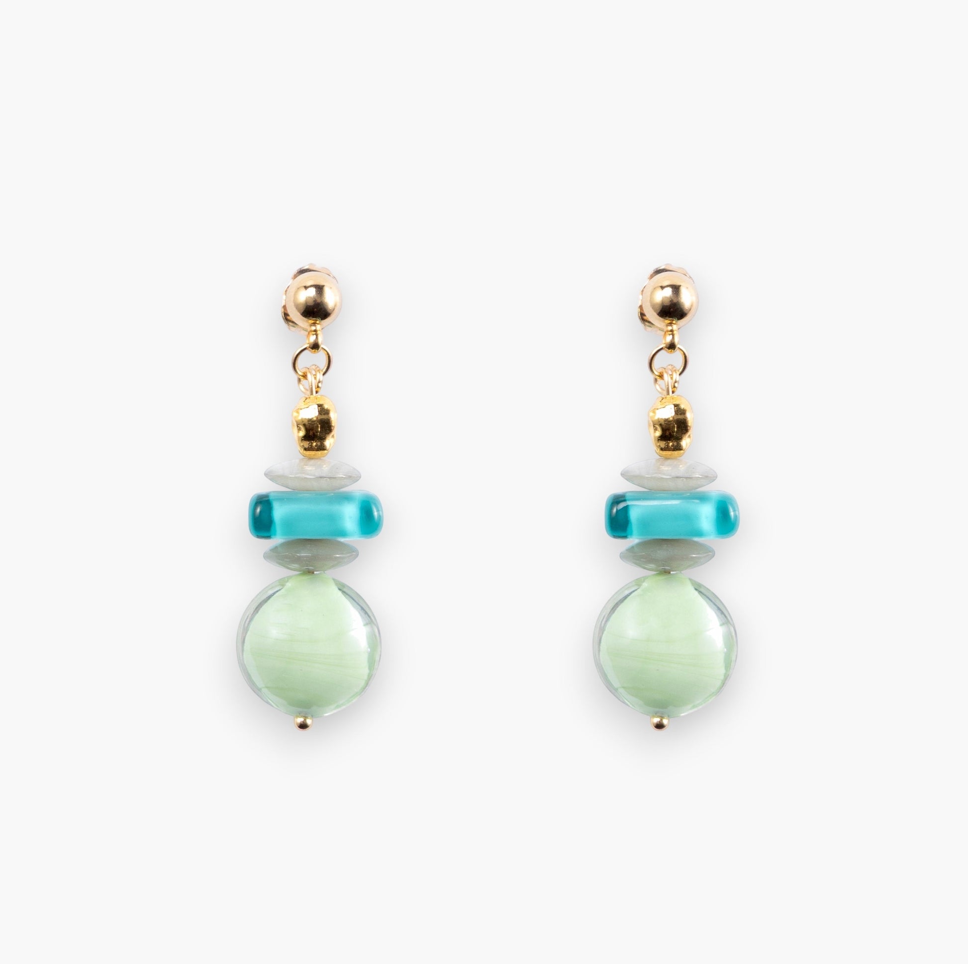 MurrinaMurano.us Evoque Collection drop earrings with stacked light green and turquoise Murano glass beads, 18KT gold finish brass details.