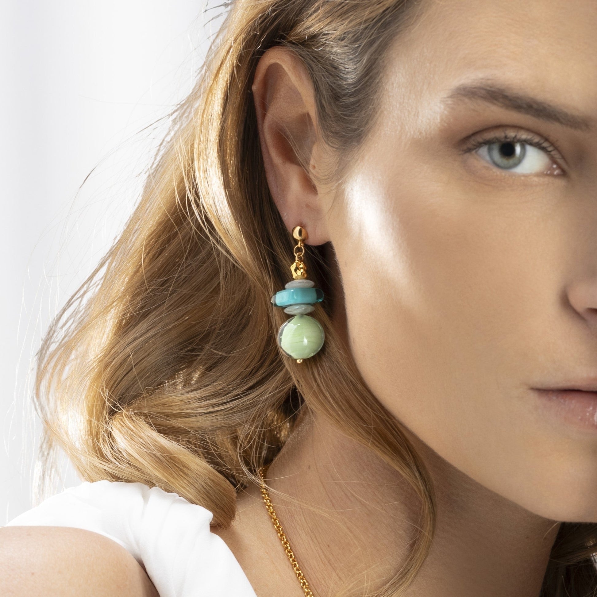 MurrinaMurano.us Evoque Collection drop earrings with stacked light blue and green Murano glass beads, 18KT gold finish over brass.