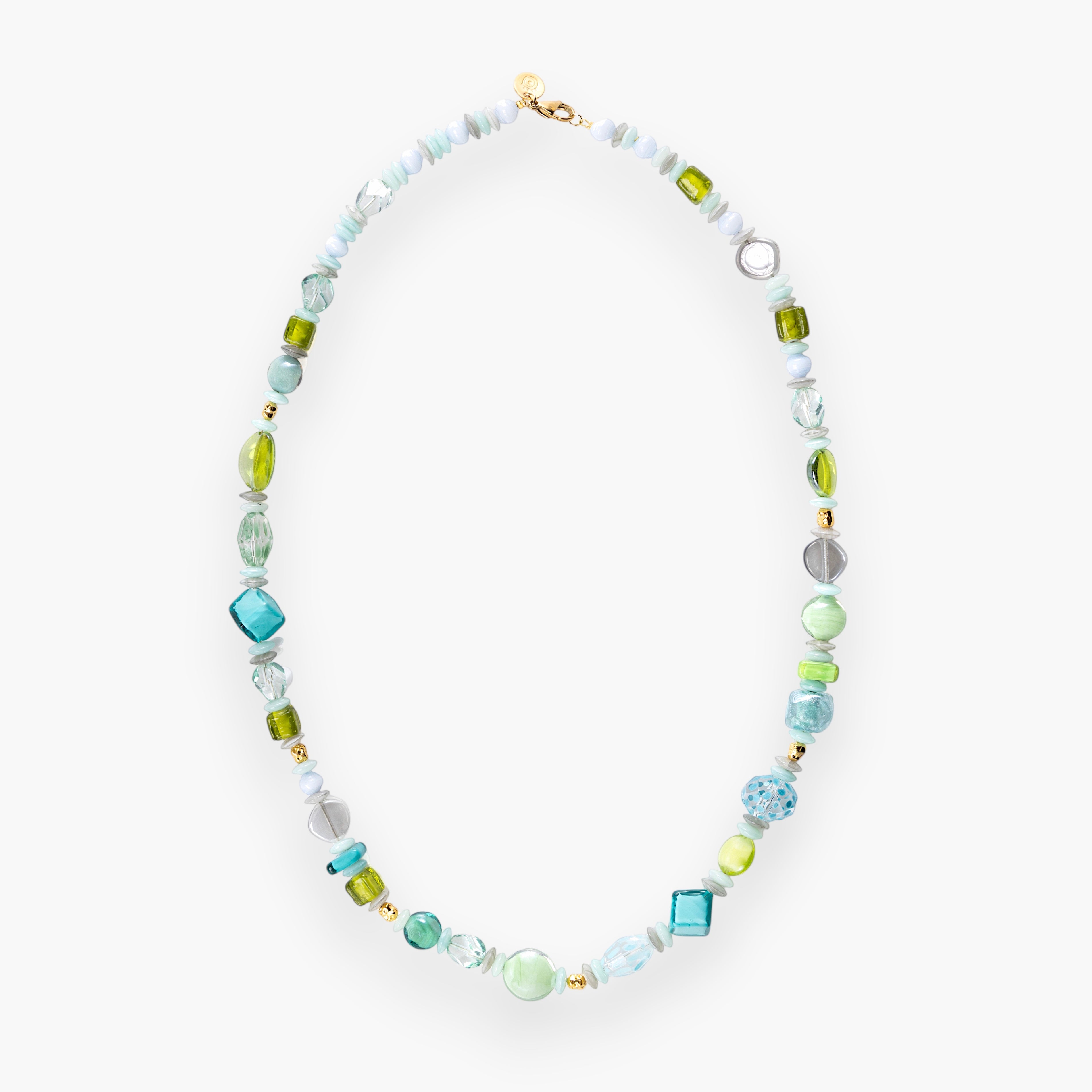 MurrinaMurano.us Evoque necklace with Murano glass beads in shades of blue, green, and clear, accented with gold-plated brass and stainless steel. 27.5 inches long.