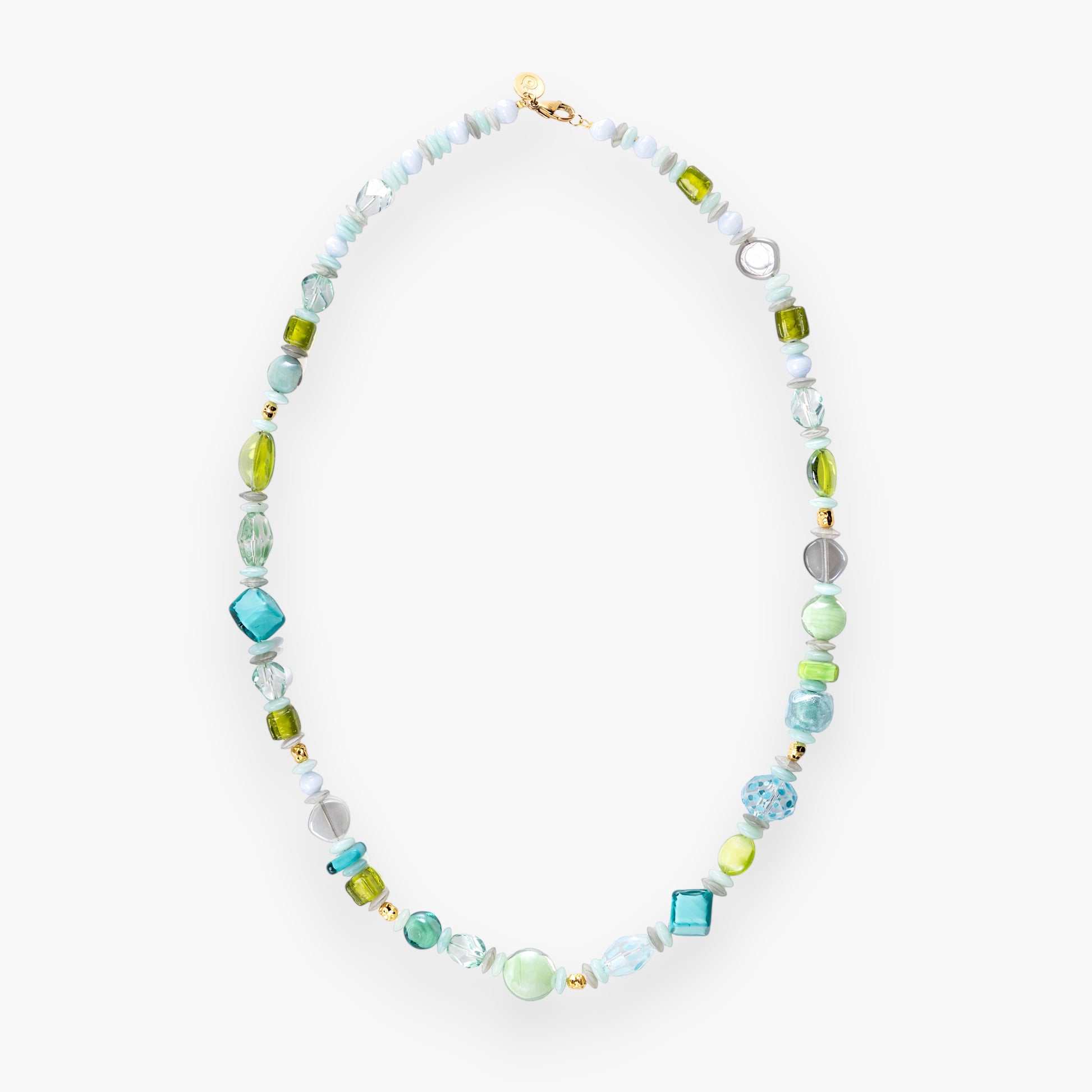 MurrinaMurano.us Evoque necklace with Murano glass beads in shades of blue, green, and clear, accented with gold-plated brass and stainless steel. 27.5 inches long.