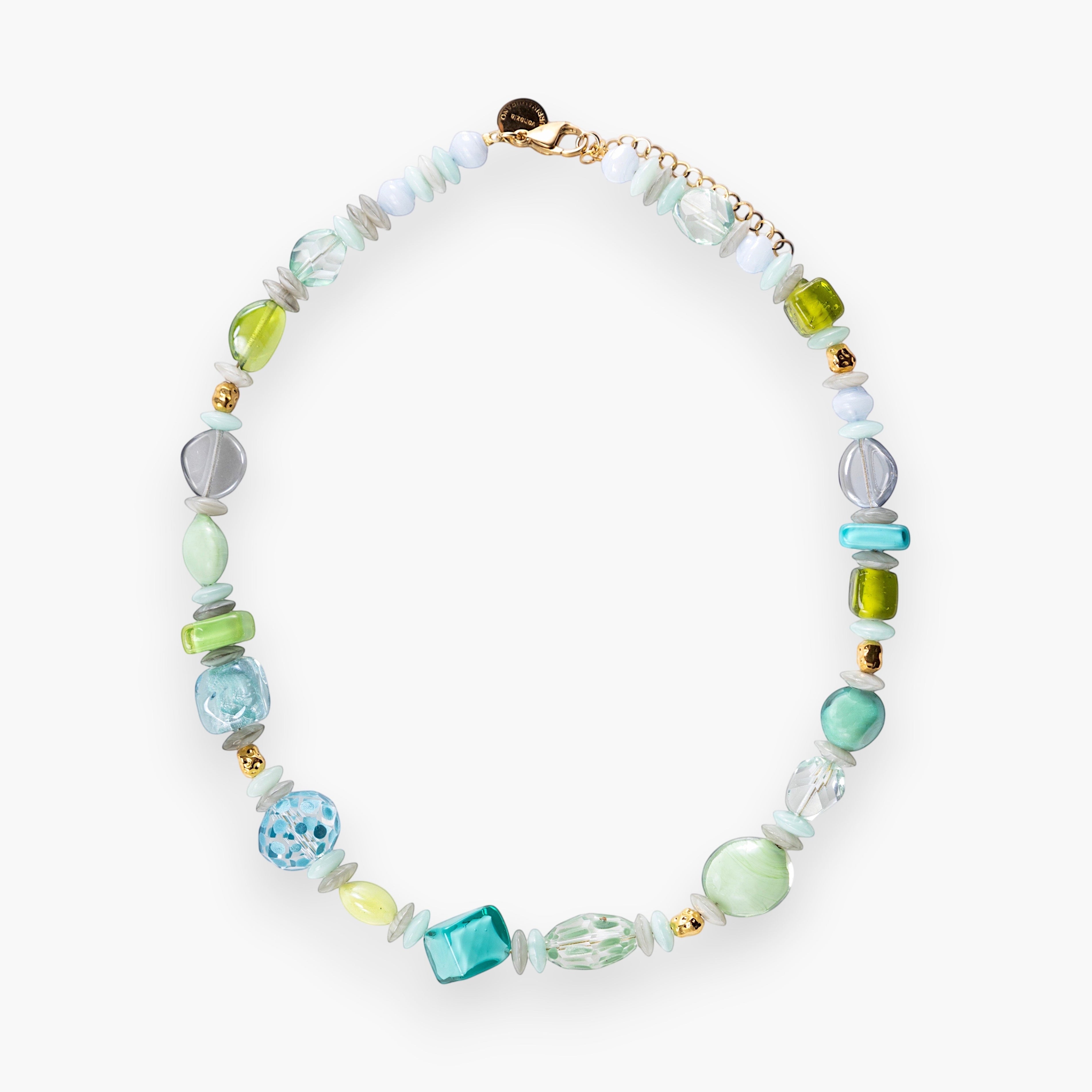 MurrinaMurano.us Evoque Collection choker with Murano glass beads in blue, green, and clear hues, accented with gold-plated brass elements.