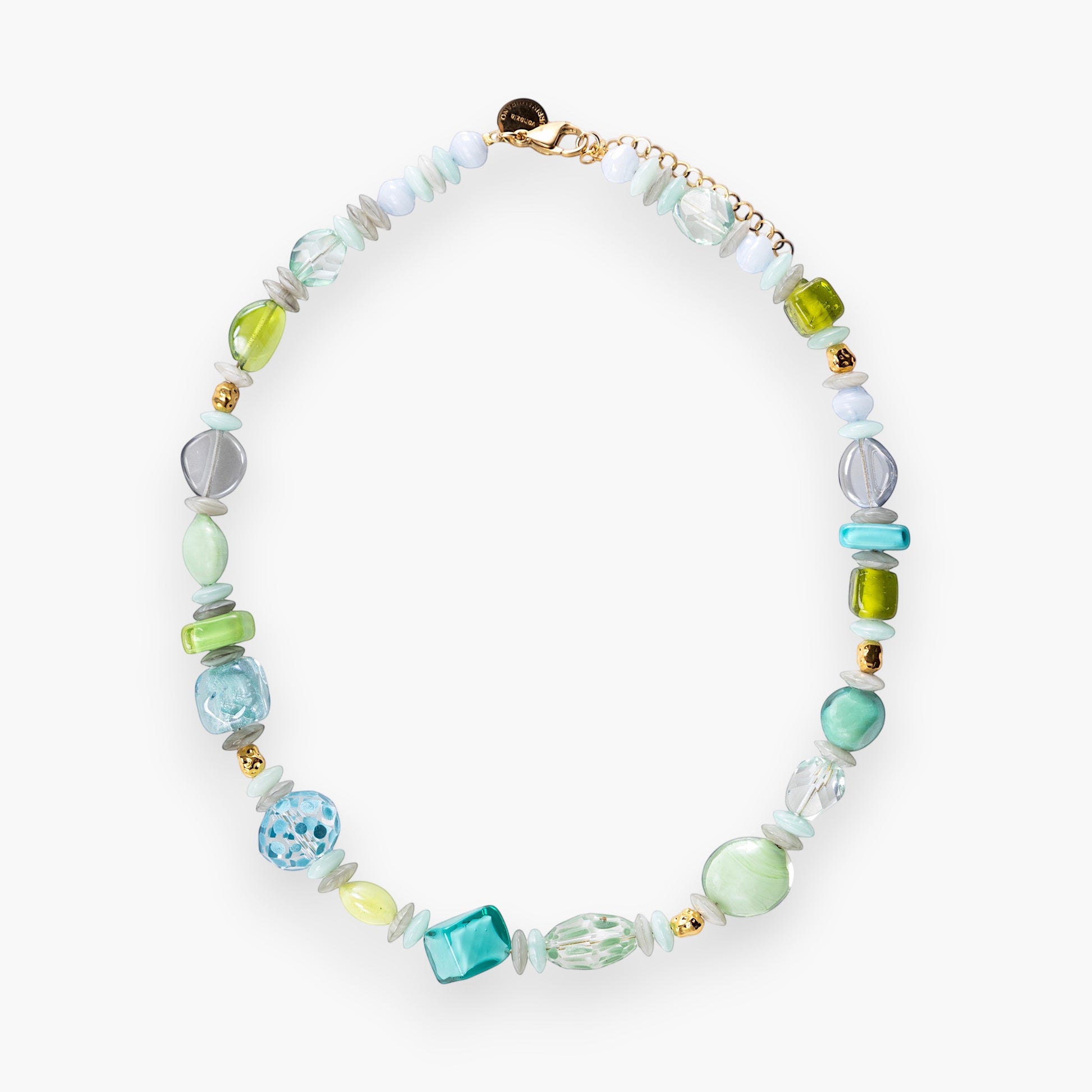 MurrinaMurano.us Evoque Collection choker with Murano glass beads in blue, green, and clear hues, accented with gold-plated brass elements.