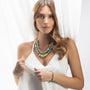 MurrinaMurano.us Evoque Collection double strand necklace with green and blue Murano glass beads and gold accents, worn by a model.
