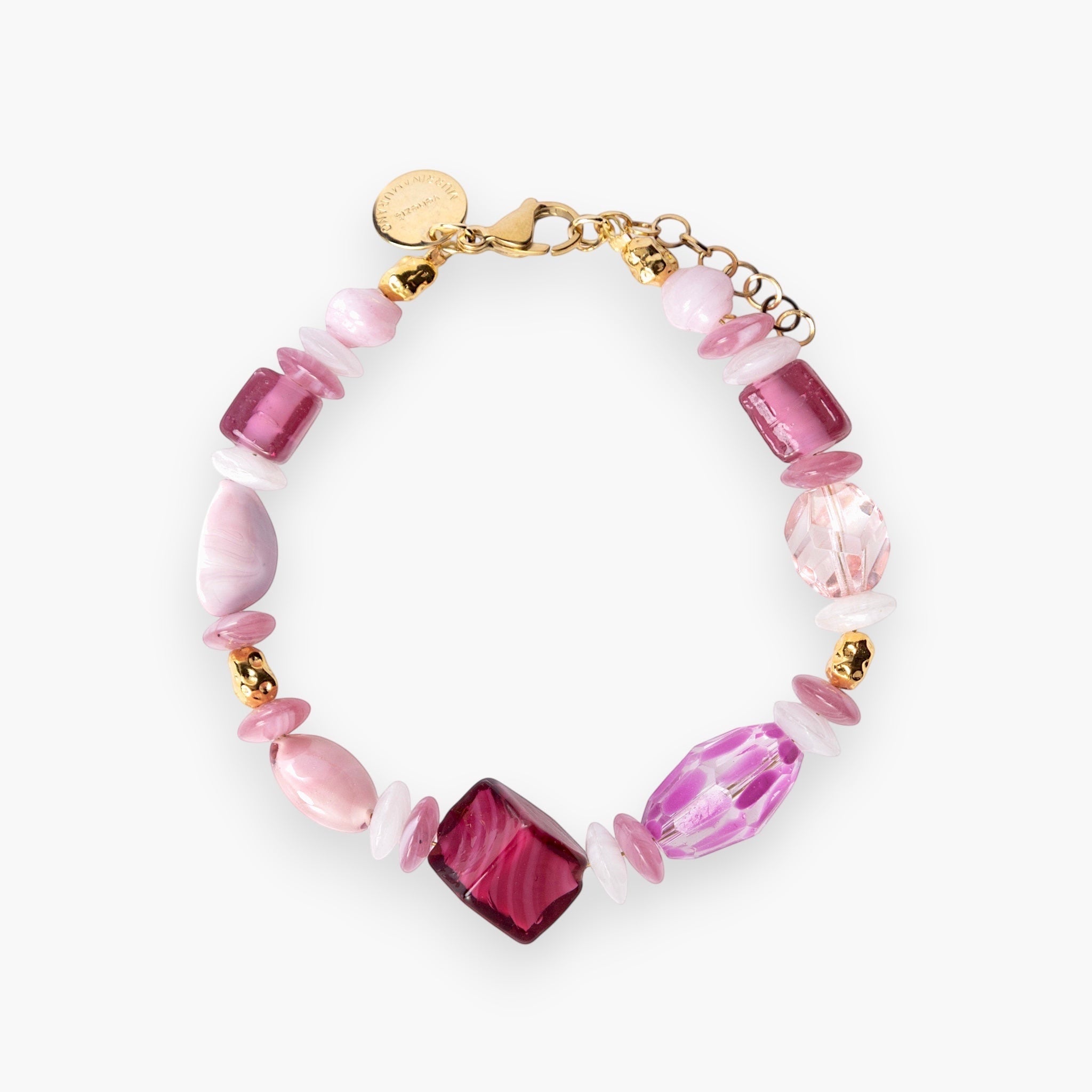 MurrinaMurano.us Evoque bracelet with pink Murano glass beads, gold-plated brass accents, and stainless steel components.