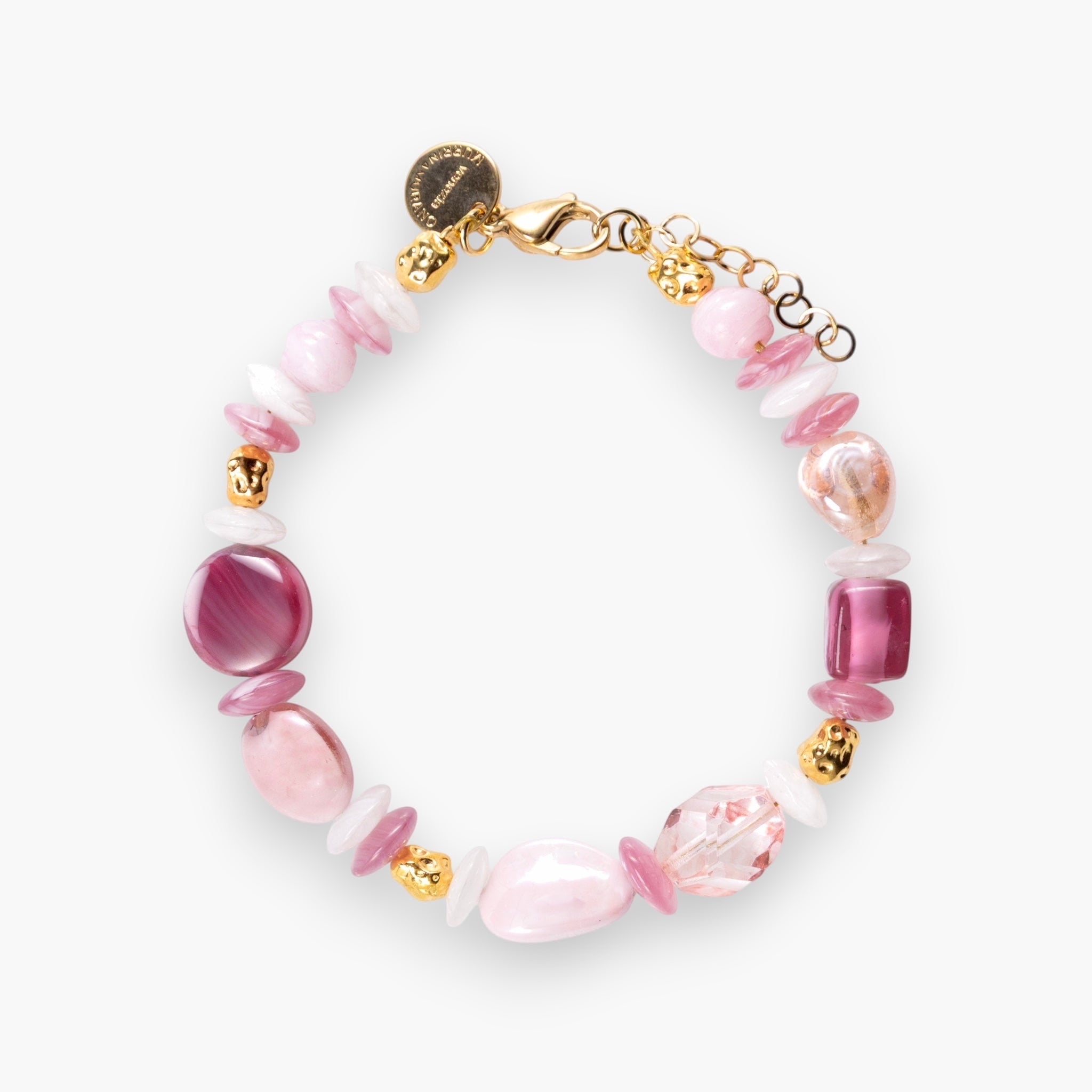 MurrinaMurano.us Evoque bracelet with pink Murano glass beads, gold-plated brass accents, and stainless steel clasp. Adjustable length.