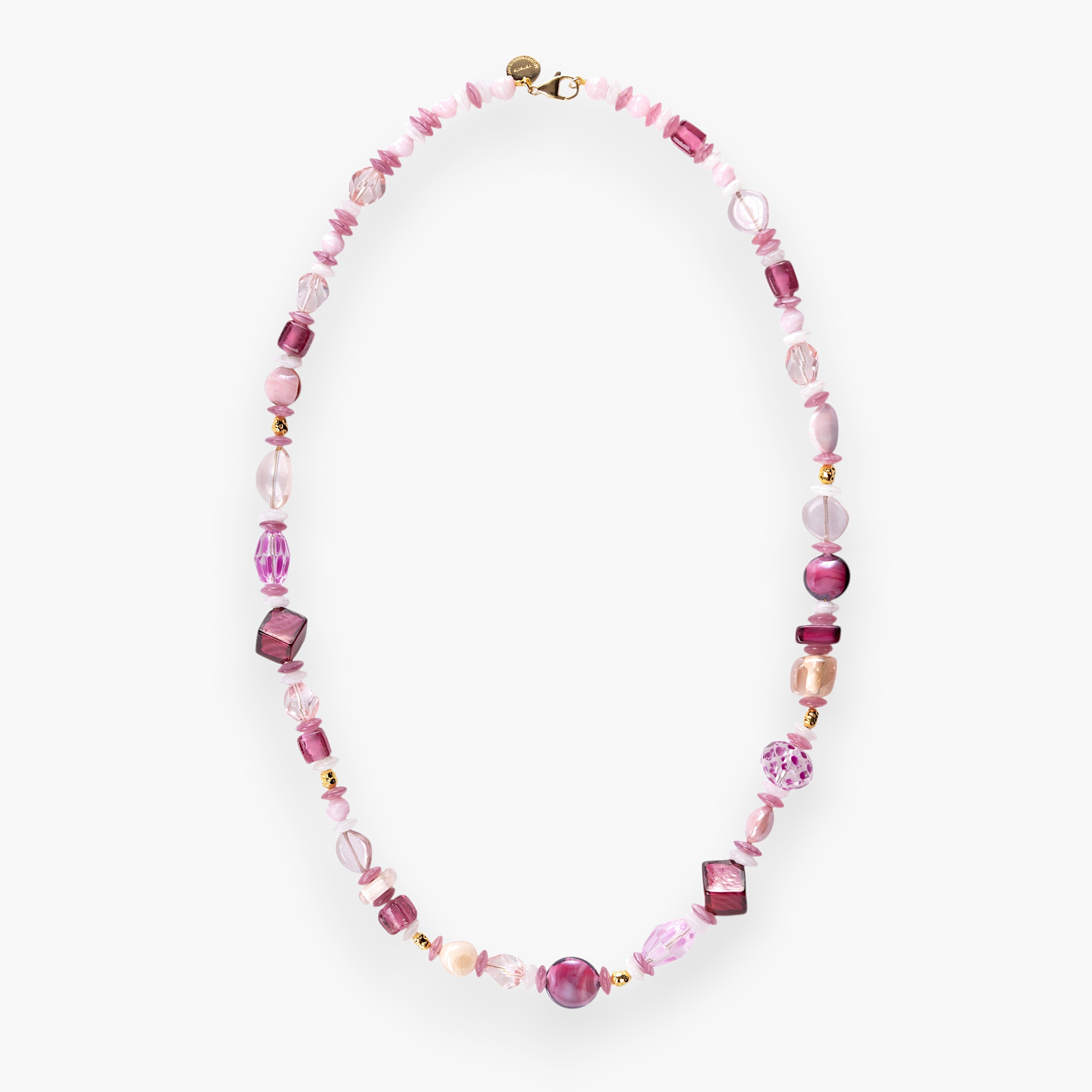 MurrinaMurano.us Evoque Collection necklace with assorted pink Murano glass beads and gold-plated brass accents. Features a mix of shapes and sizes, including cubes and faceted beads.