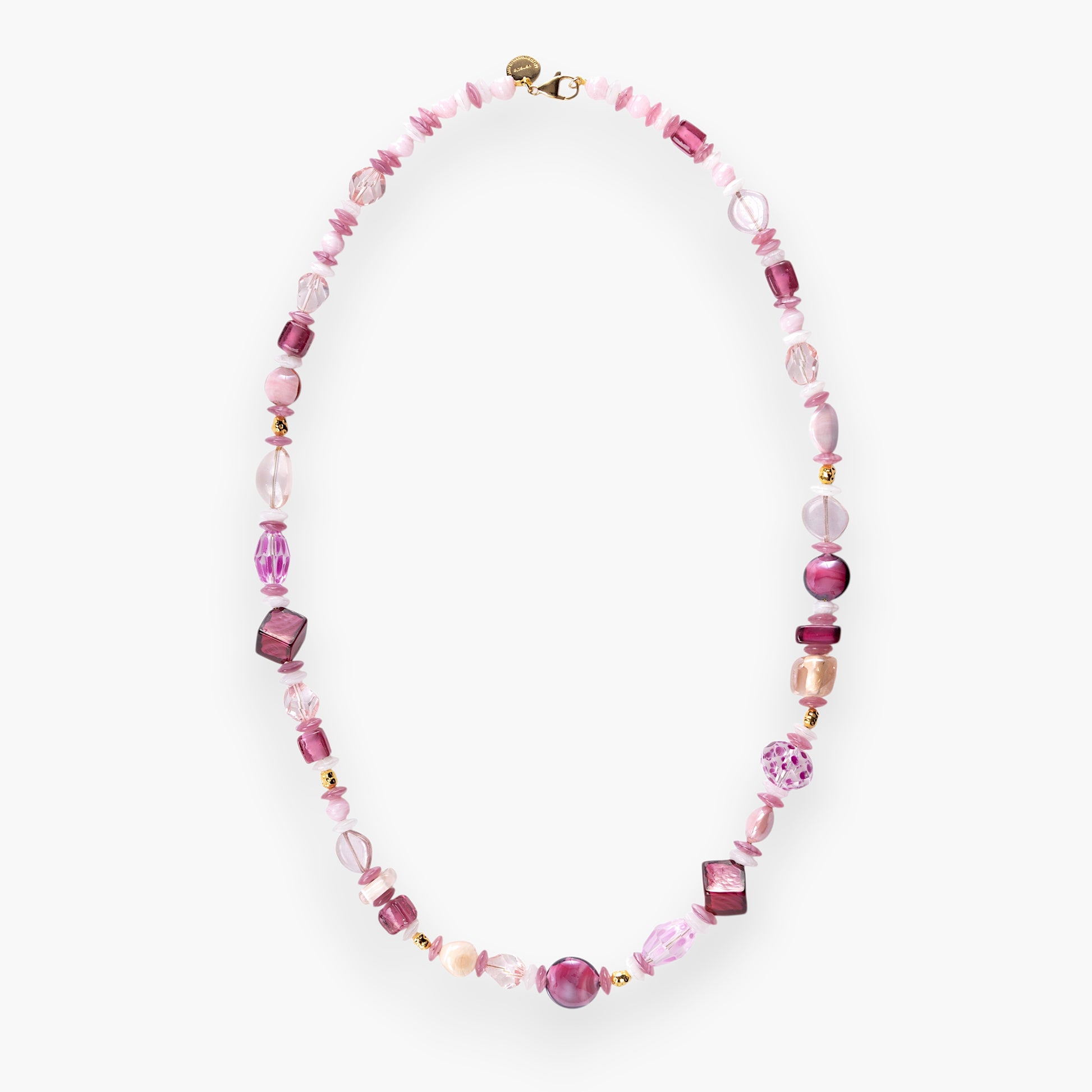 MurrinaMurano.us Evoque Collection necklace with assorted pink Murano glass beads and gold-plated brass accents. Features a mix of shapes and sizes, including cubes and faceted beads.
