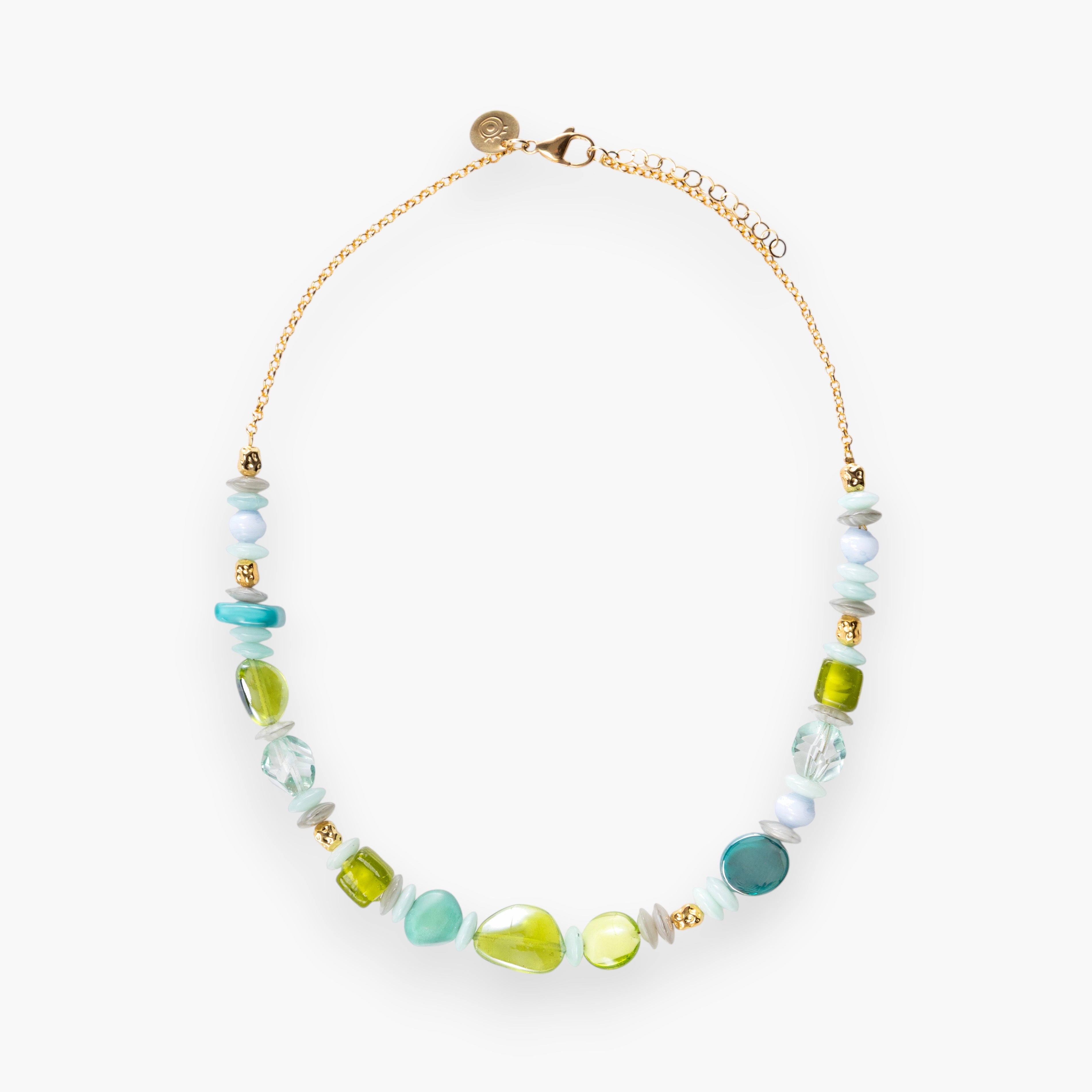 MurrinaMurano.us gold chain necklace with assorted blue and green Murano glass beads and brass accents.