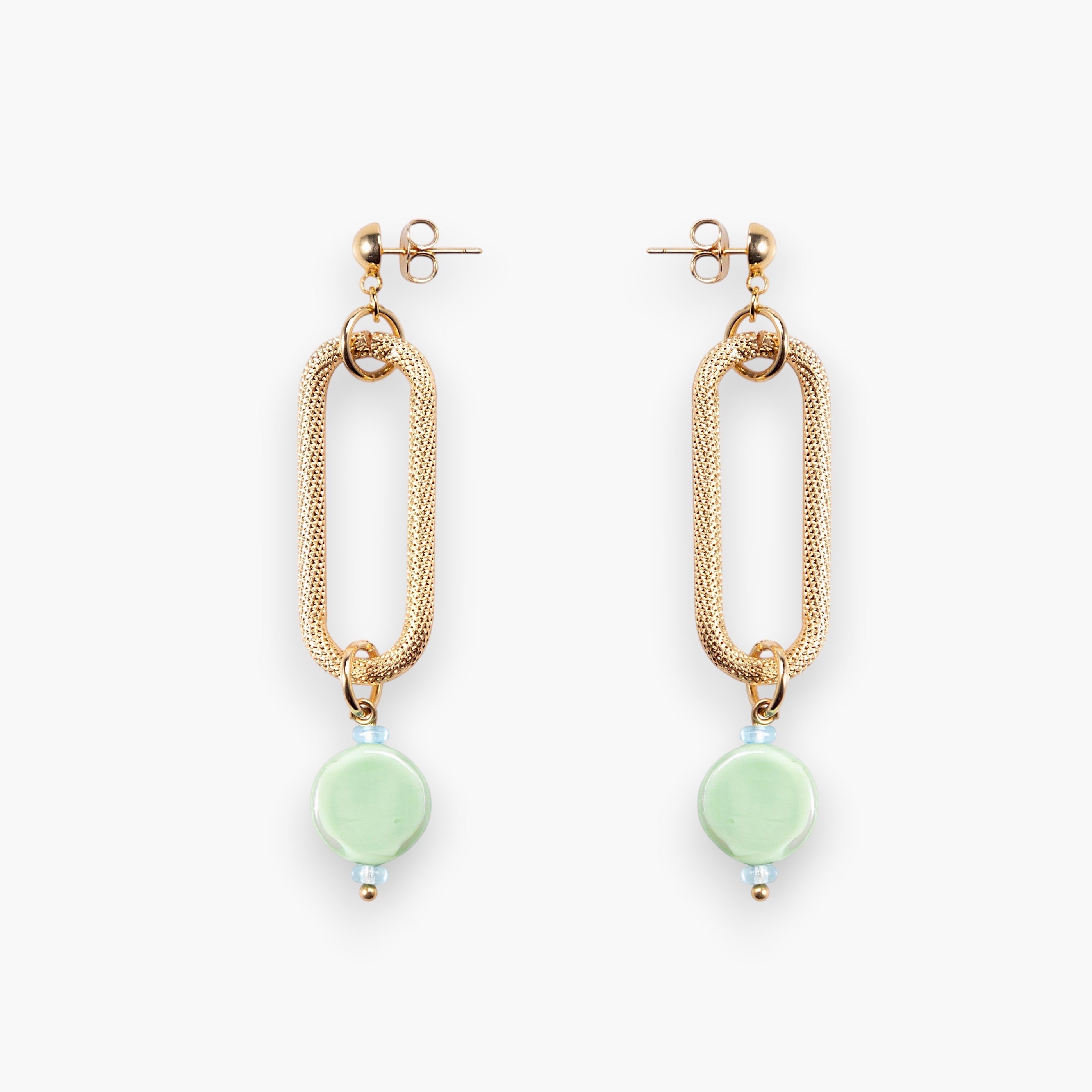 MurrinaMurano.us gold link drop earrings with mint green Murano glass beads and light blue accents. Contemporary Italian design.