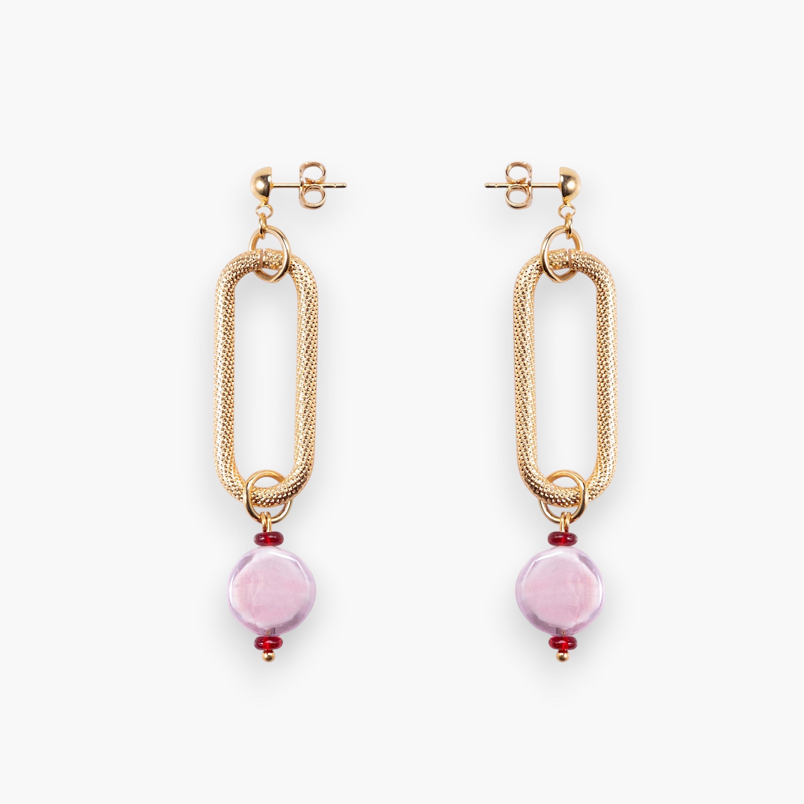 MurrinaMurano.us gold link drop earrings with oval textured links and light pink Murano glass beads.