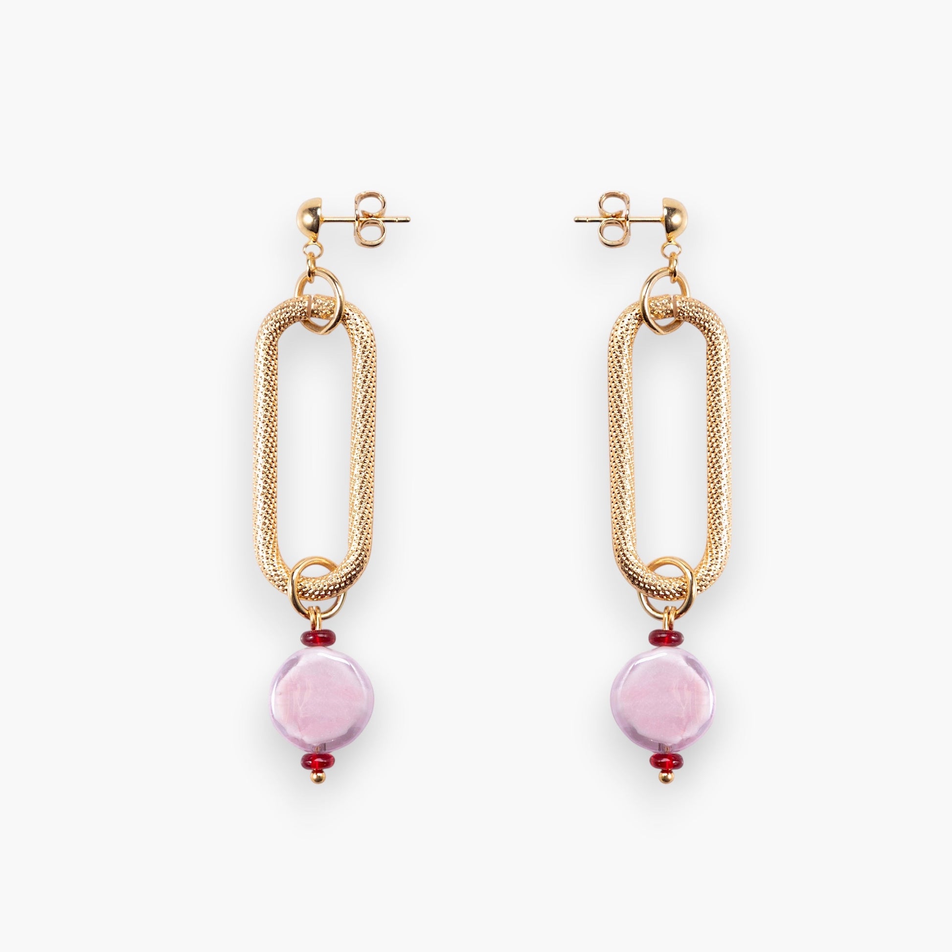 MurrinaMurano.us gold link drop earrings with oval textured links and light pink Murano glass beads.