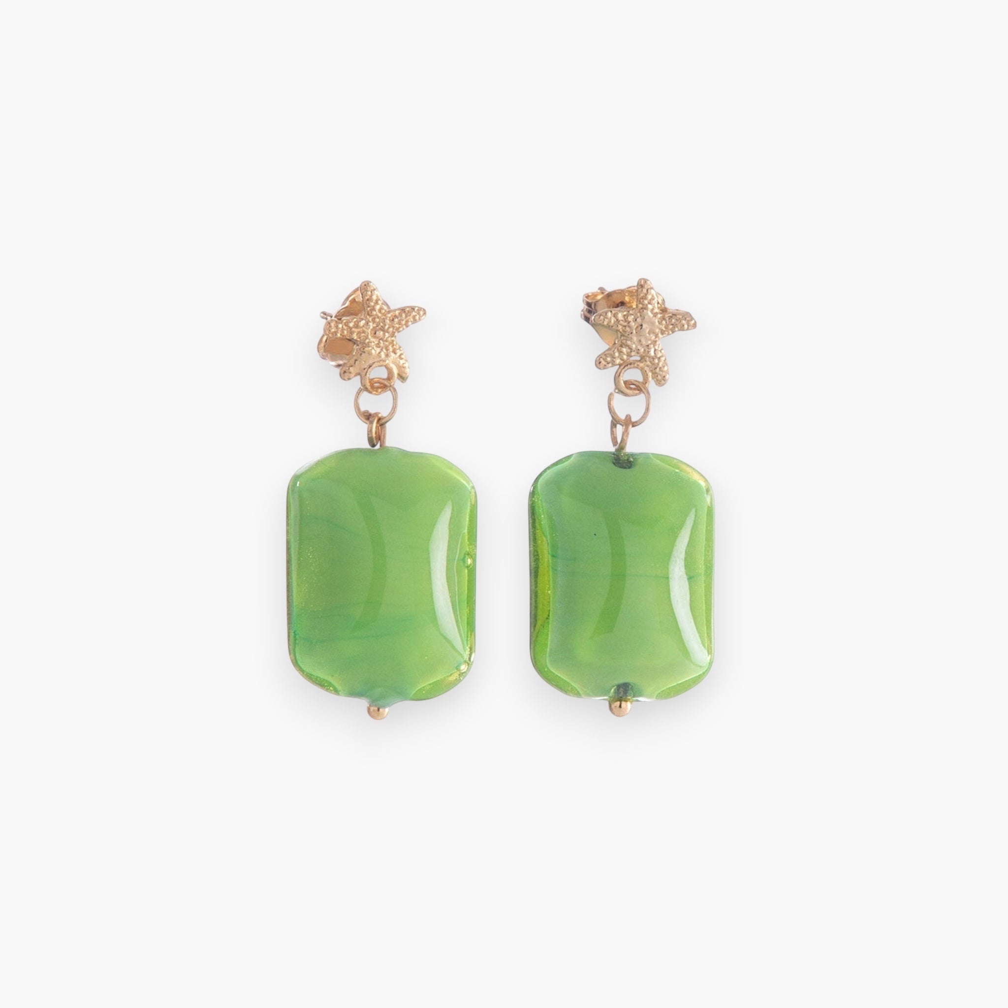 MurrinaMurano.us green Murano glass starfish drop earrings with 18KT gold finish, made in Italy.