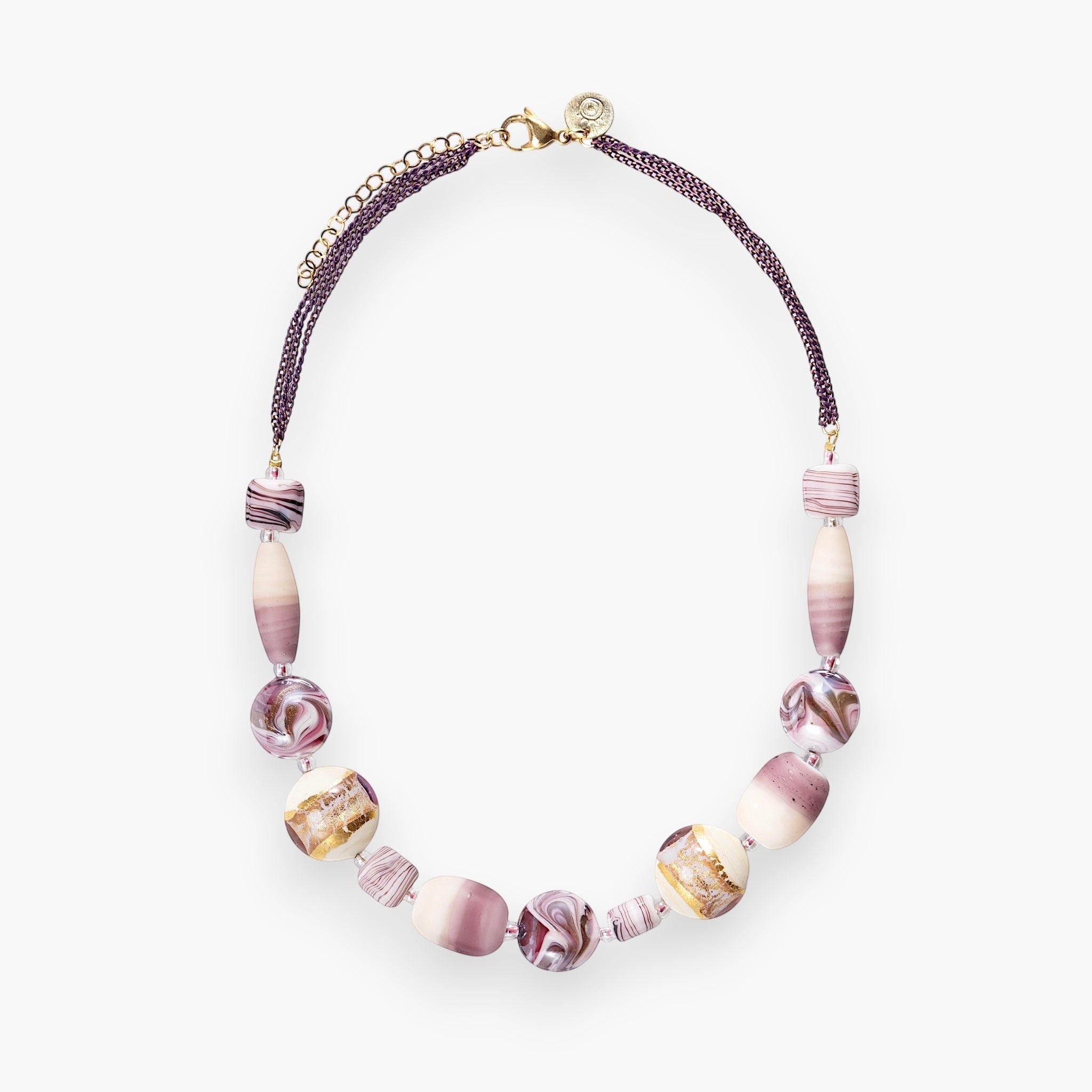 MurrinaMurano.us Blush Collection Murano glass collier necklace with purple and white marbled beads and gold accents.