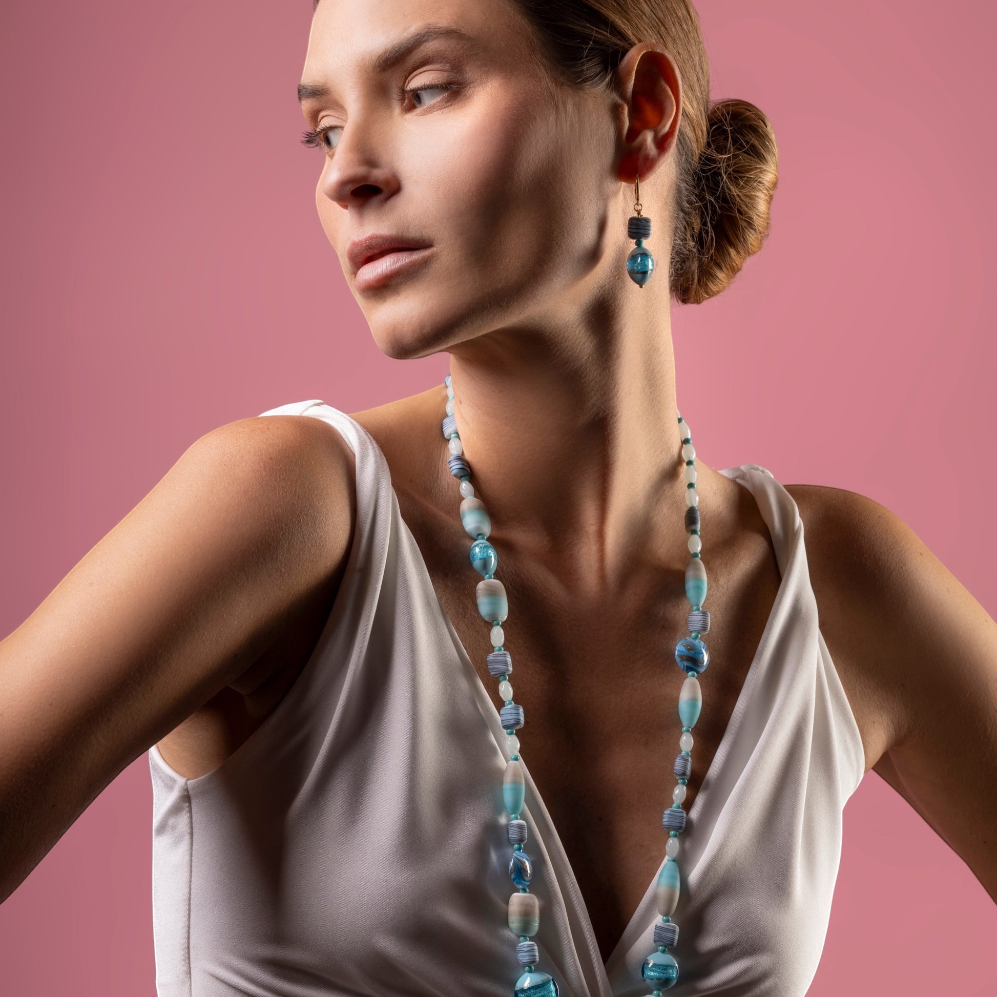 MurrinaMurano.us Blush Collection Opera Necklace, handcrafted Murano glass beads in shades of blue and white, 18kt gold finish, 31.5 inches long.