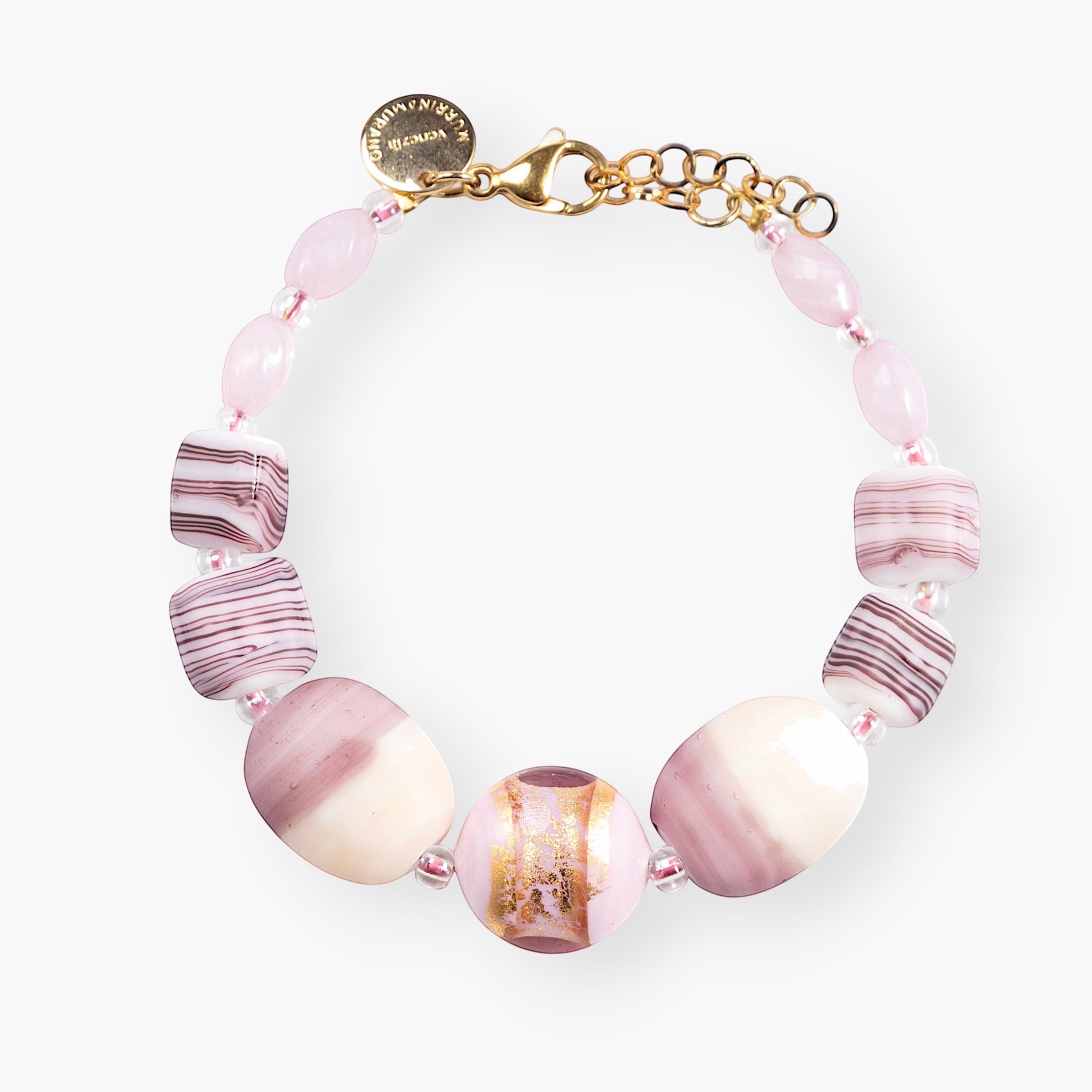MurrinaMurano.us bracelet with pink and ivory Murano glass beads, gold detailing, and brass clasp. Handcrafted in Italy.