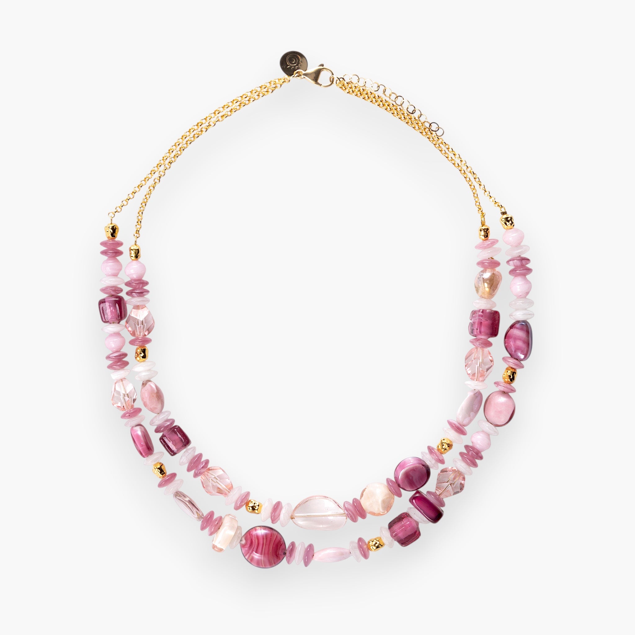 MurrinaMurano.us pink Murano glass double strand necklace with gold-plated brass accents and adjustable chain.