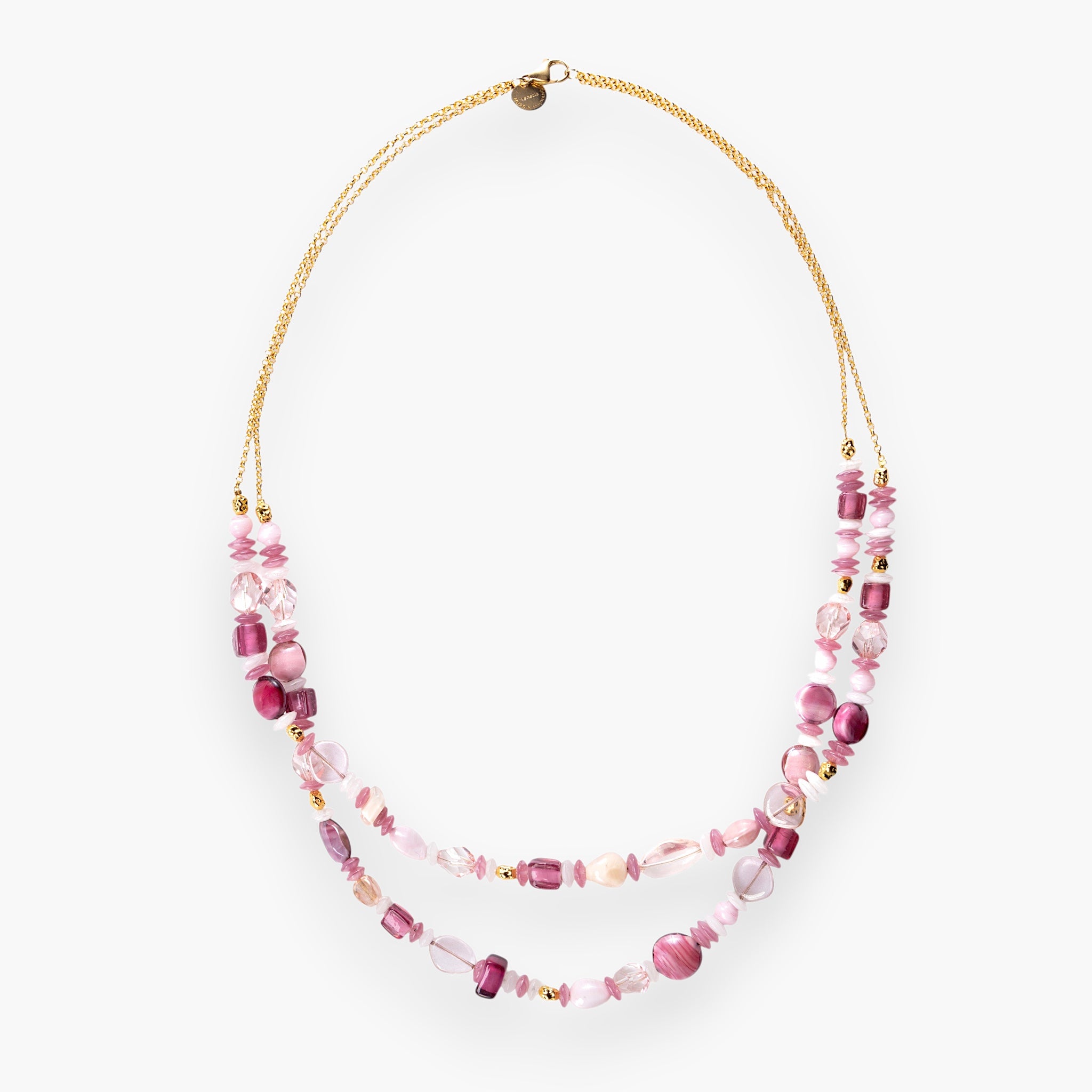 MurrinaMurano.us double opera necklace with pink Murano glass beads and gold-plated brass accents.