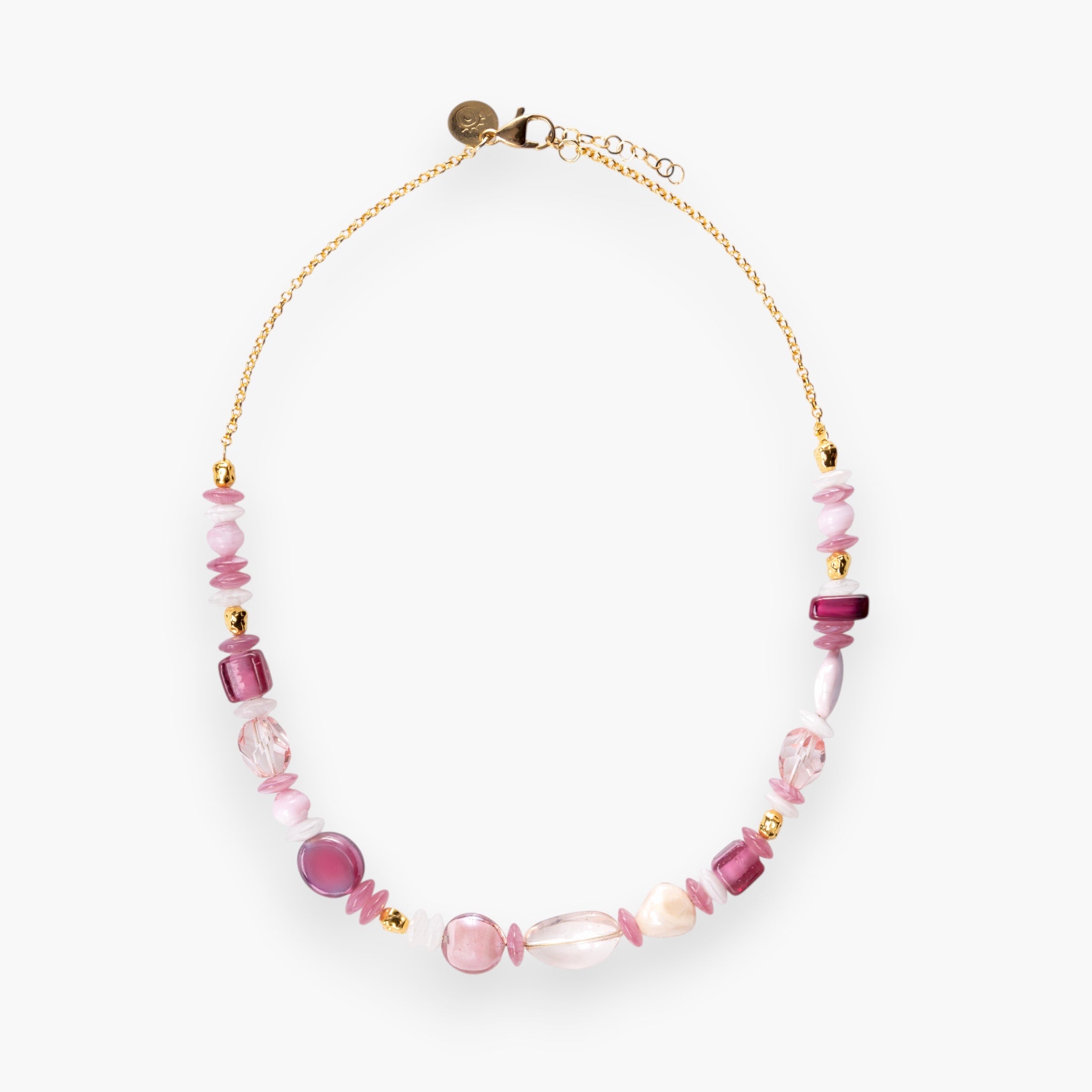 MurrinaMurano.us pink and purple Murano glass bead necklace with gold chain and clasp. Adjustable length.