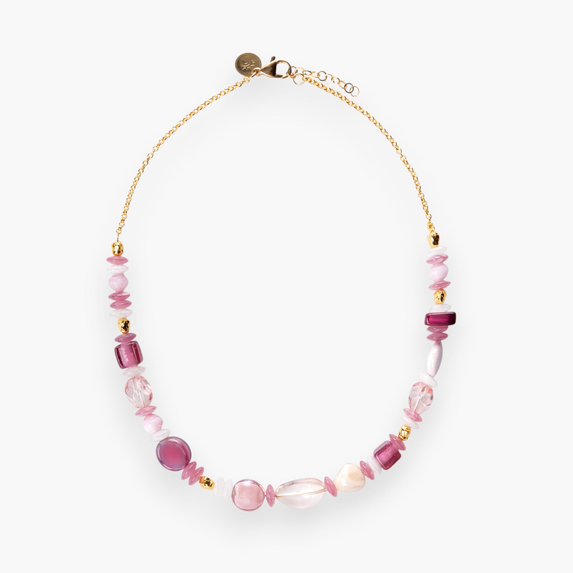 MurrinaMurano.us pink and purple Murano glass bead necklace with gold chain and clasp. Adjustable length.