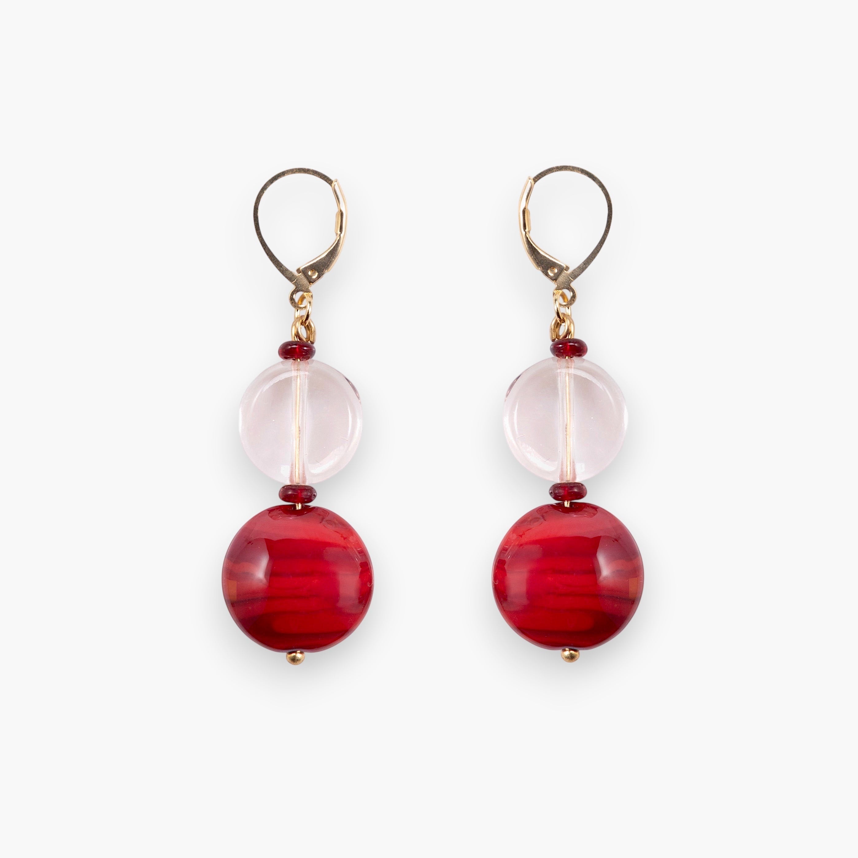 MurrinaMurano.us red and clear Murano glass drop earrings with gold finish leverback closure.