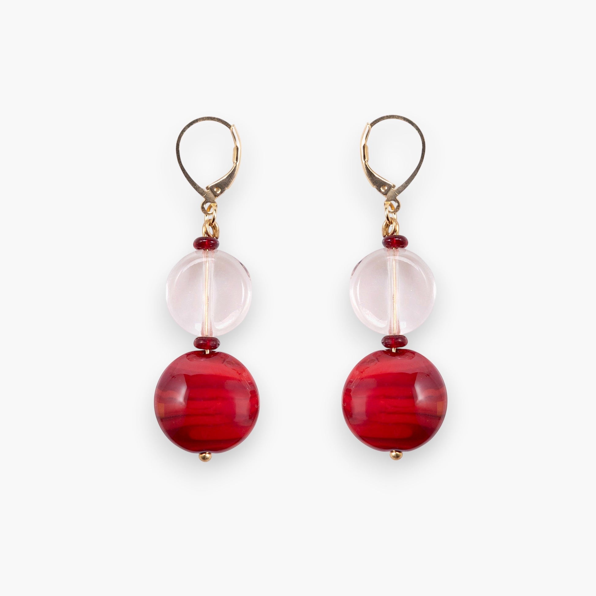 MurrinaMurano.us red and clear Murano glass drop earrings with gold-tone leverback closure.
