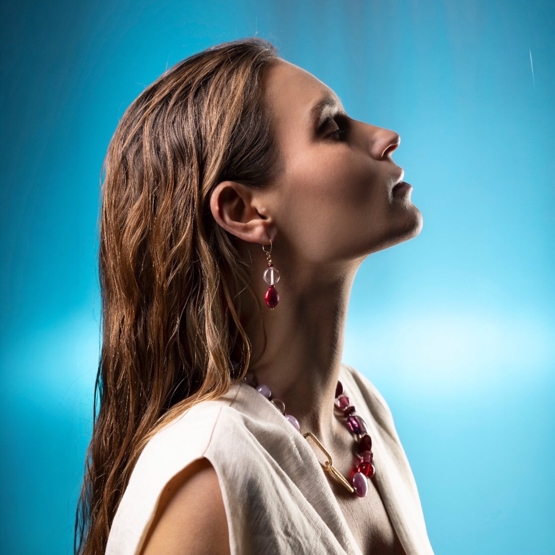 MurrinaMurano.us red and clear Murano Glass drop earrings with 18KT gold finish over brass.