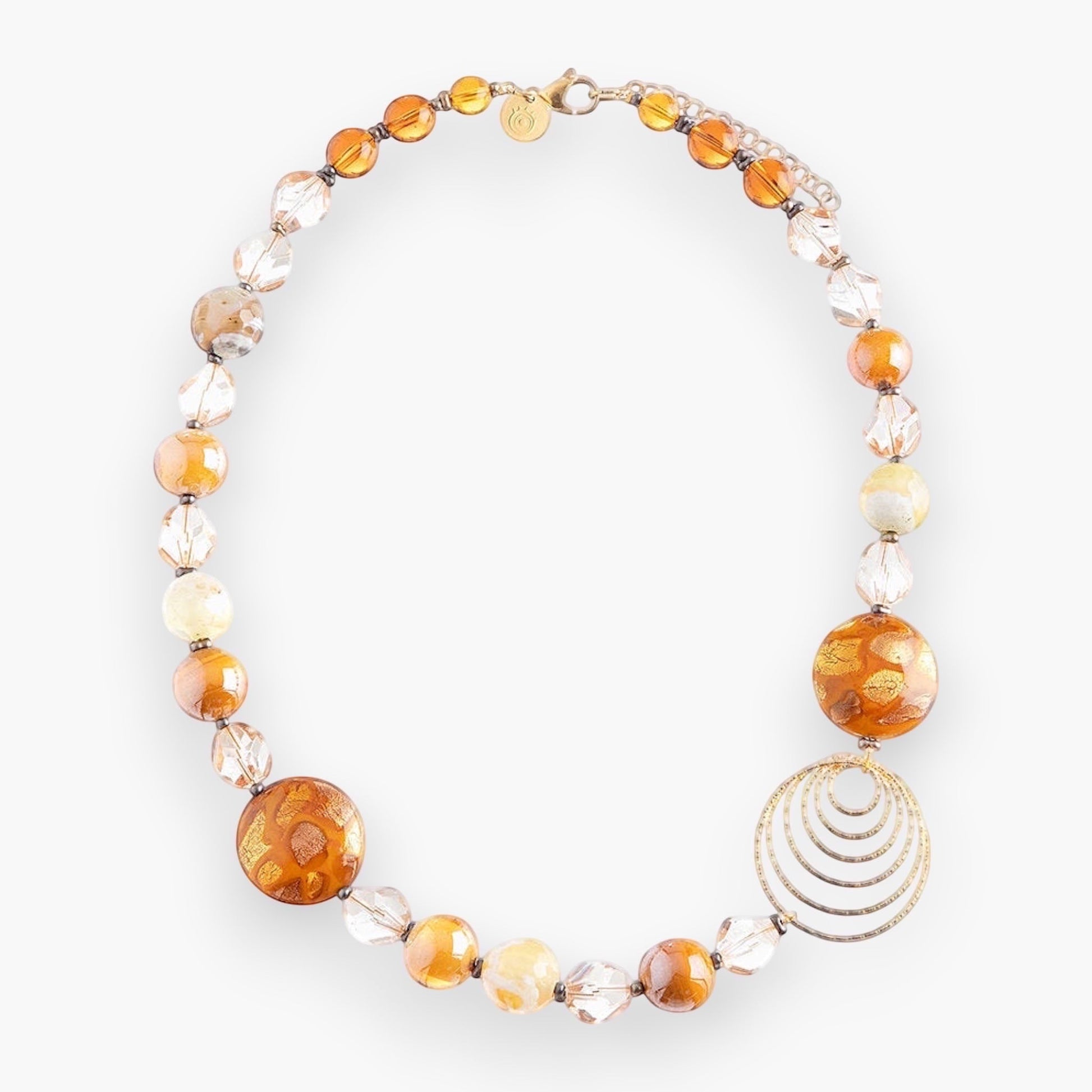 MurrinaMurano.us Aura Necklace Gold Spiral, featuring amber and clear Murano glass beads with gold accents and a spiral pendant.