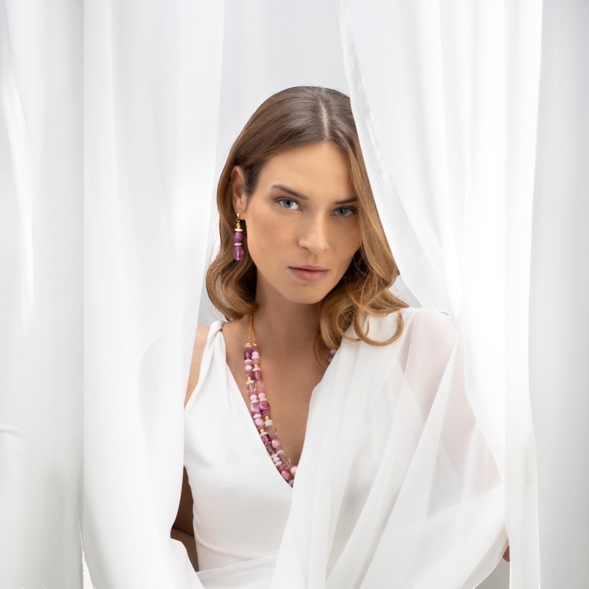 MurrinaMurano.us Evoque Drop Glass Crystal Earrings in pink and gold, featuring layered Murano glass beads and 18KT gold finish.