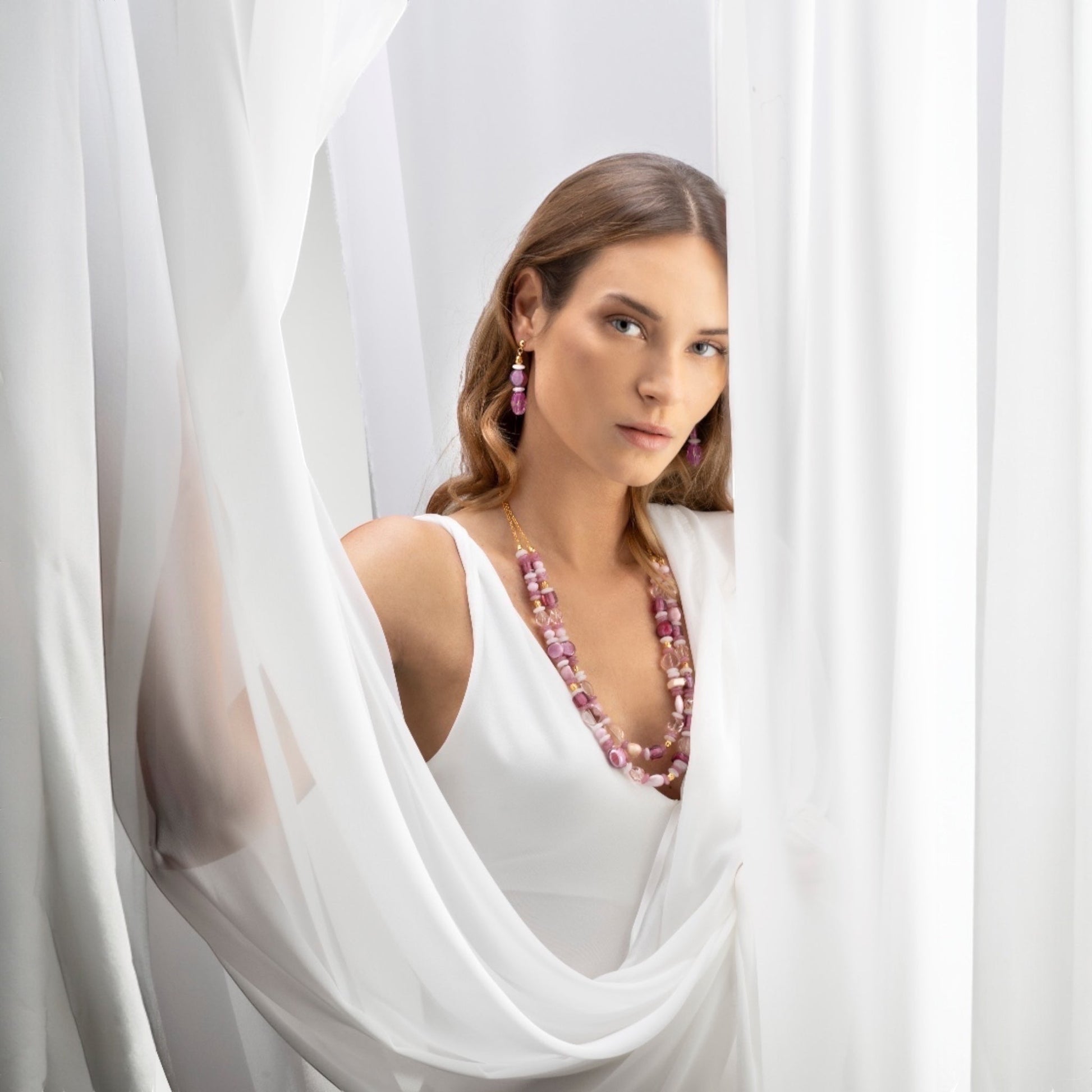MurrinaMurano.us Evoque Drop Glass Crystal Earrings in pink and gold, featuring layered Murano glass beads and 18KT gold finish.